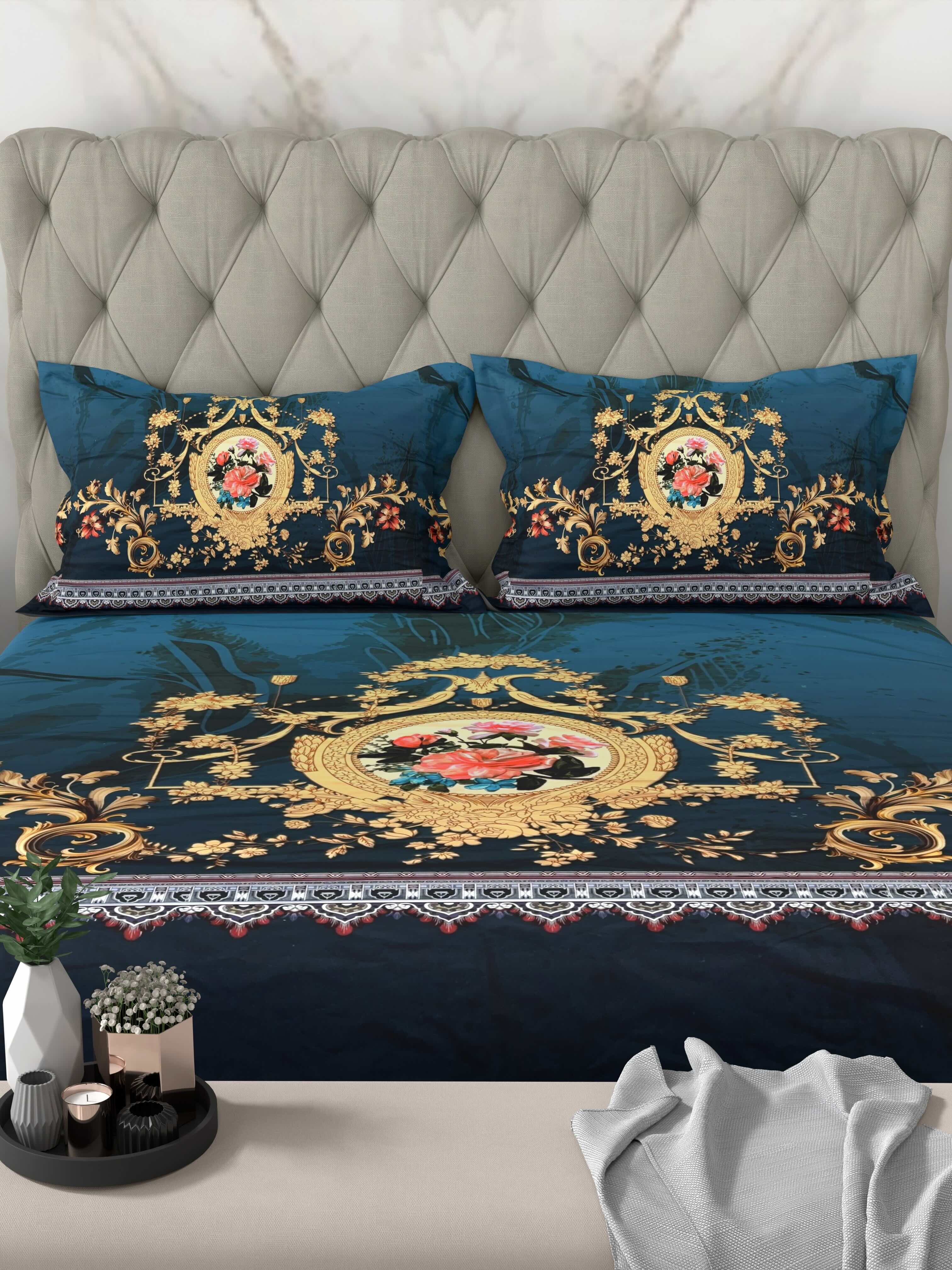 A-5070 - Poly Cotton 130 GSM Queen Size Digital Print Double Bedsheet (228X254) with Two Pillow Covers (43X69)