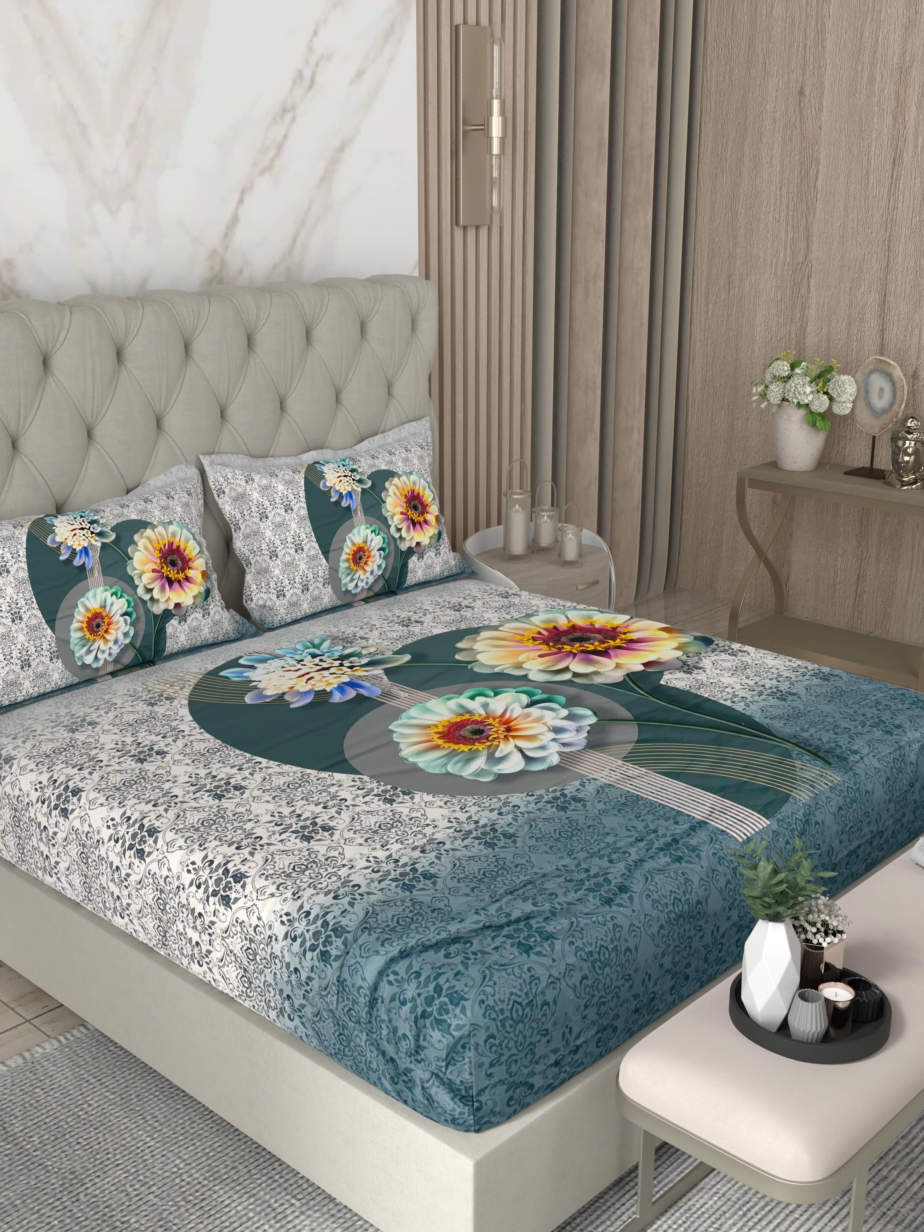 A-5071 - Poly Cotton 130 GSM Queen Size Digital Print Double Bedsheet (228X254) with Two Pillow Covers (43X69)