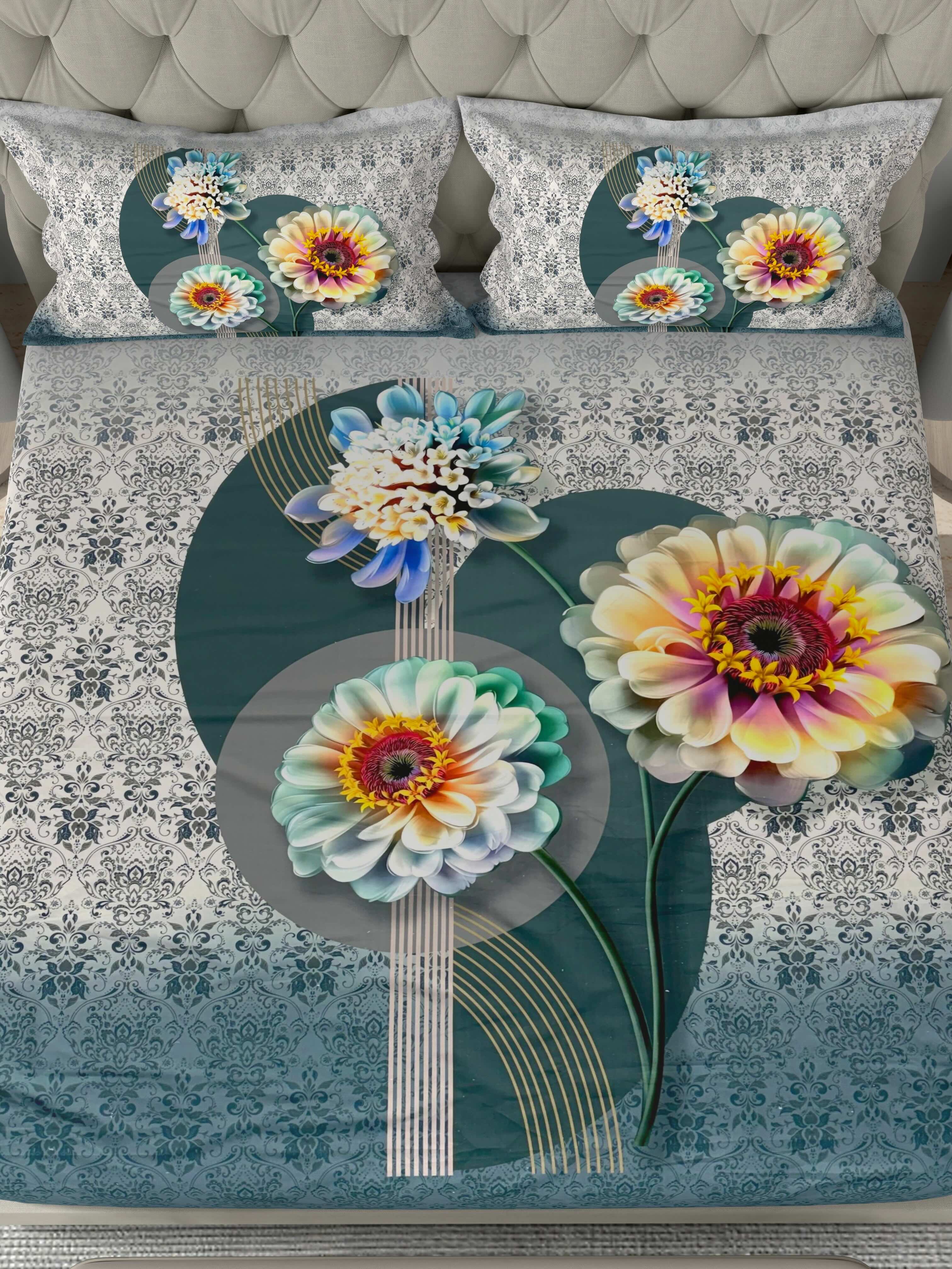 A-5071 - Poly Cotton 130 GSM Queen Size Digital Print Double Bedsheet (228X254) with Two Pillow Covers (43X69)