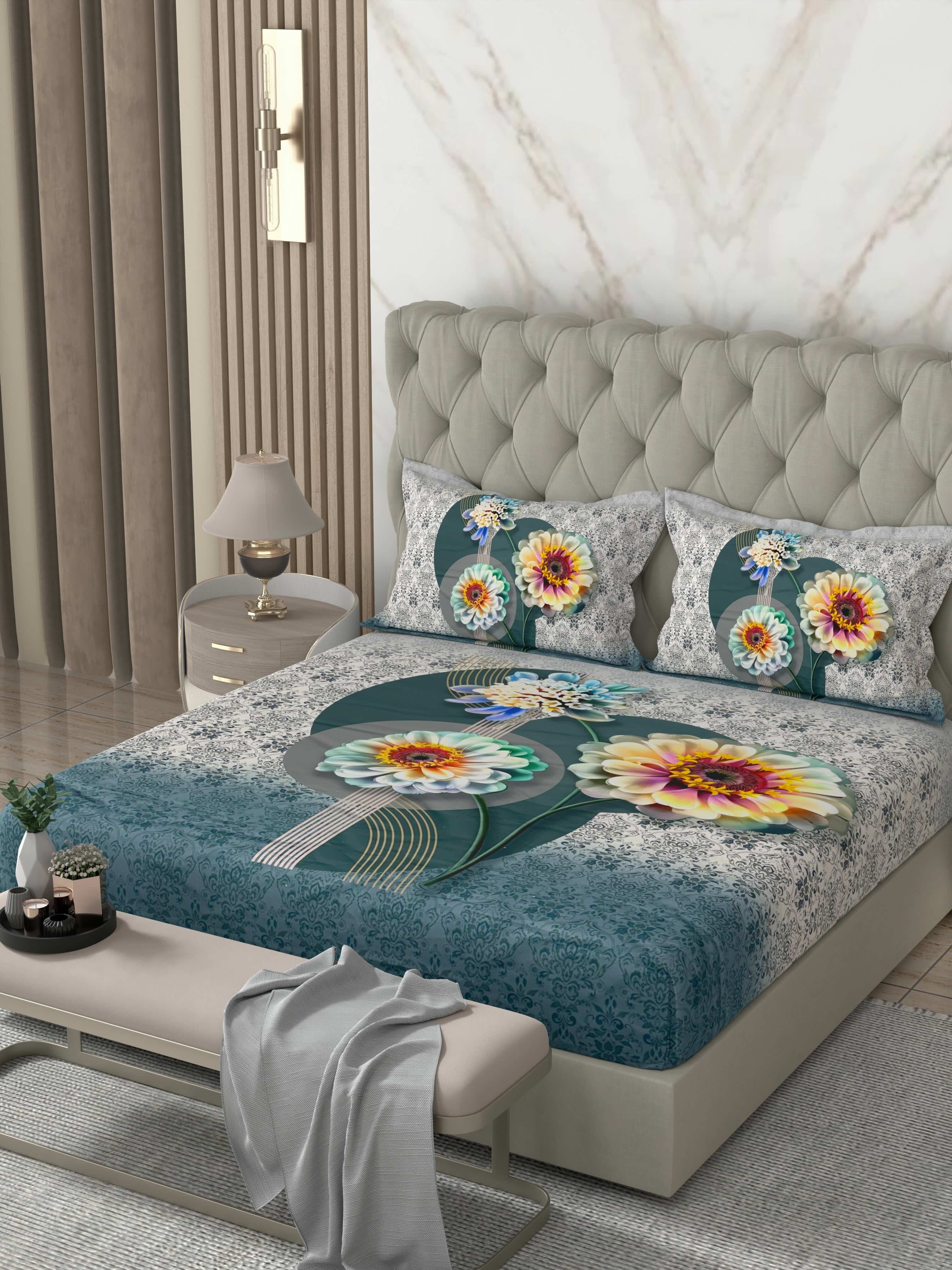 A-5071 - Poly Cotton 130 GSM Queen Size Digital Print Double Bedsheet (228X254) with Two Pillow Covers (43X69)