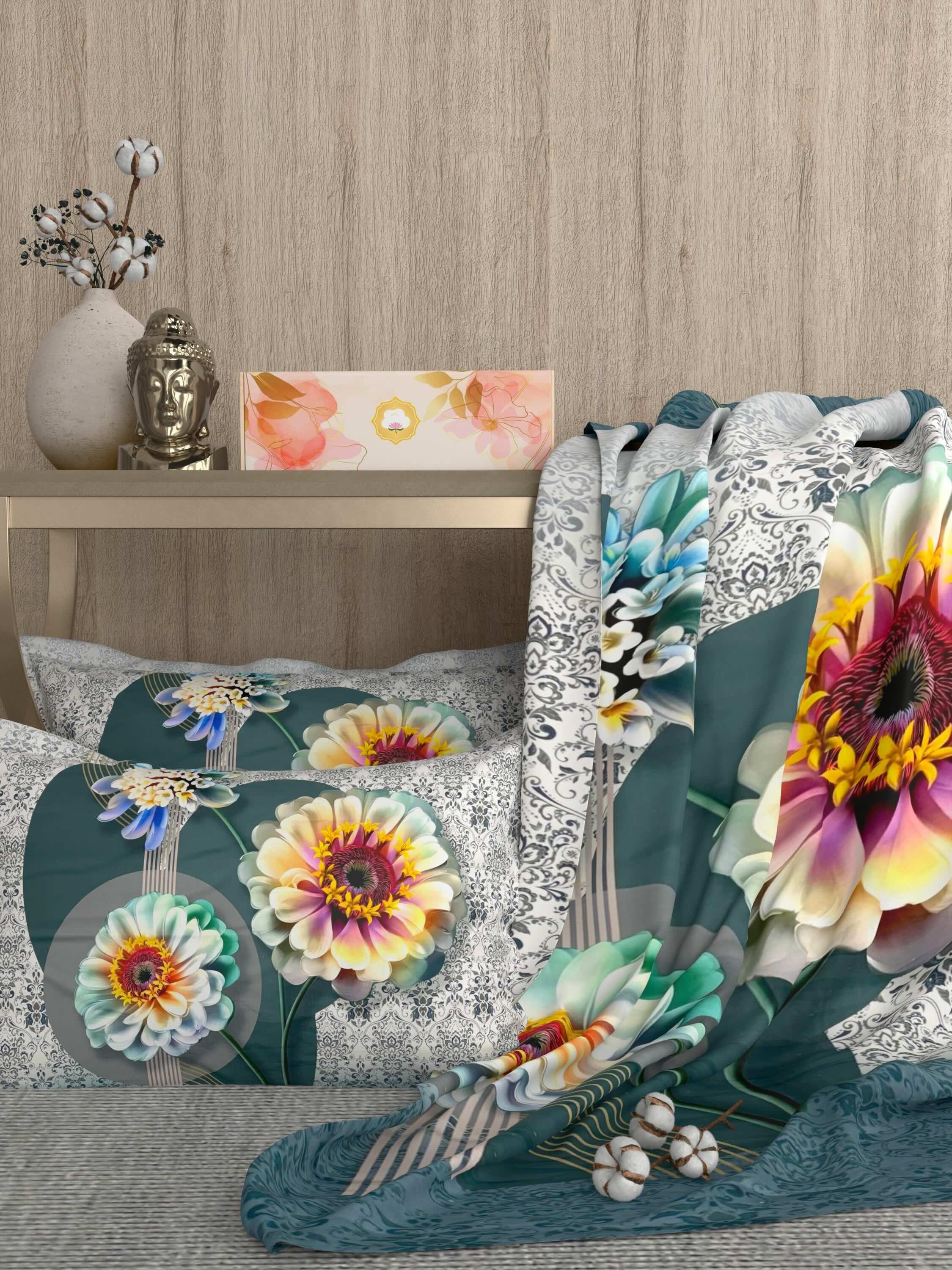 A-5071 - Poly Cotton 130 GSM Queen Size Digital Print Double Bedsheet (228X254) with Two Pillow Covers (43X69)