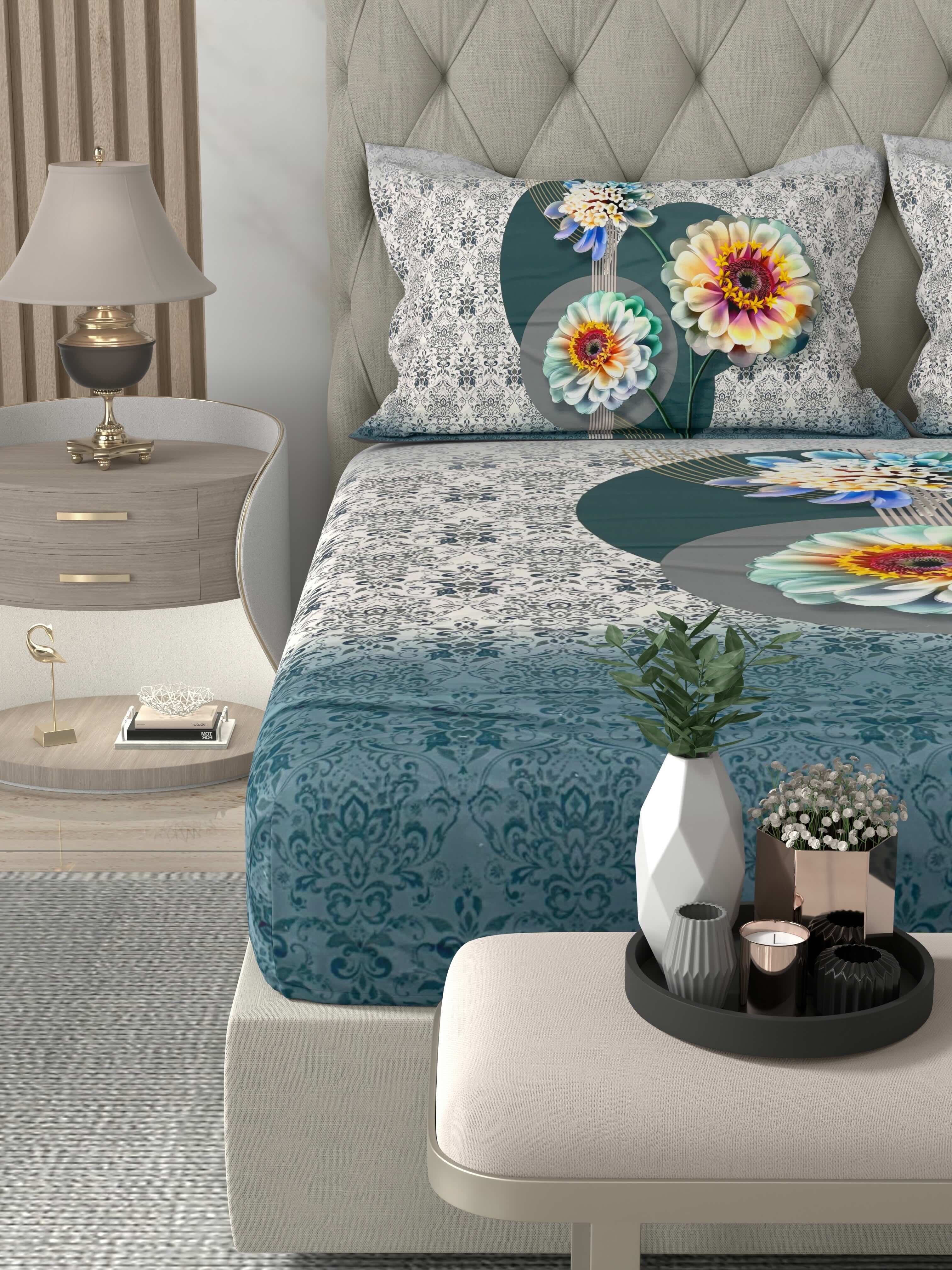 A-5071 - Poly Cotton 130 GSM Queen Size Digital Print Double Bedsheet (228X254) with Two Pillow Covers (43X69)