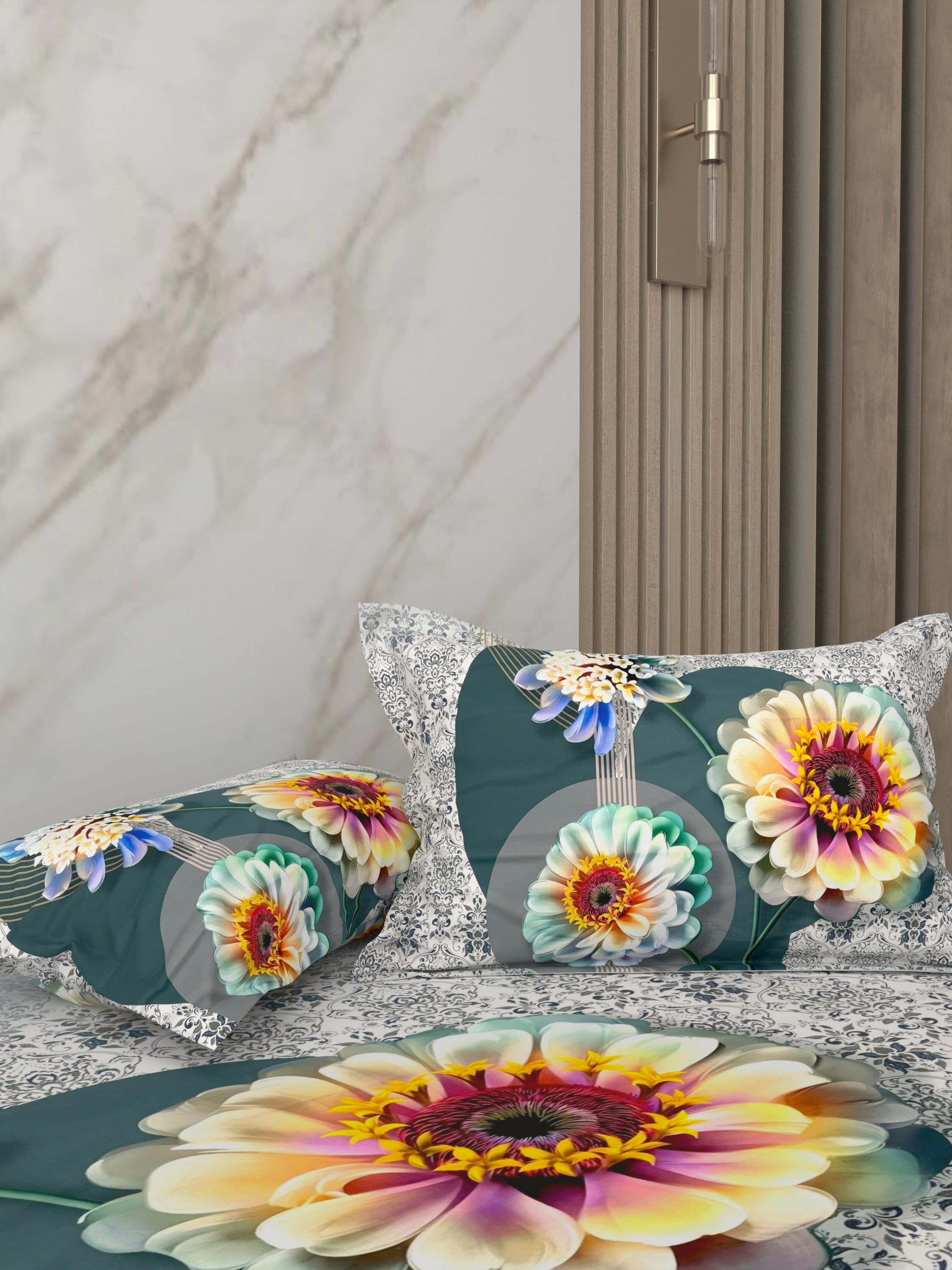 A-5071 - Poly Cotton 130 GSM Queen Size Digital Print Double Bedsheet (228X254) with Two Pillow Covers (43X69)