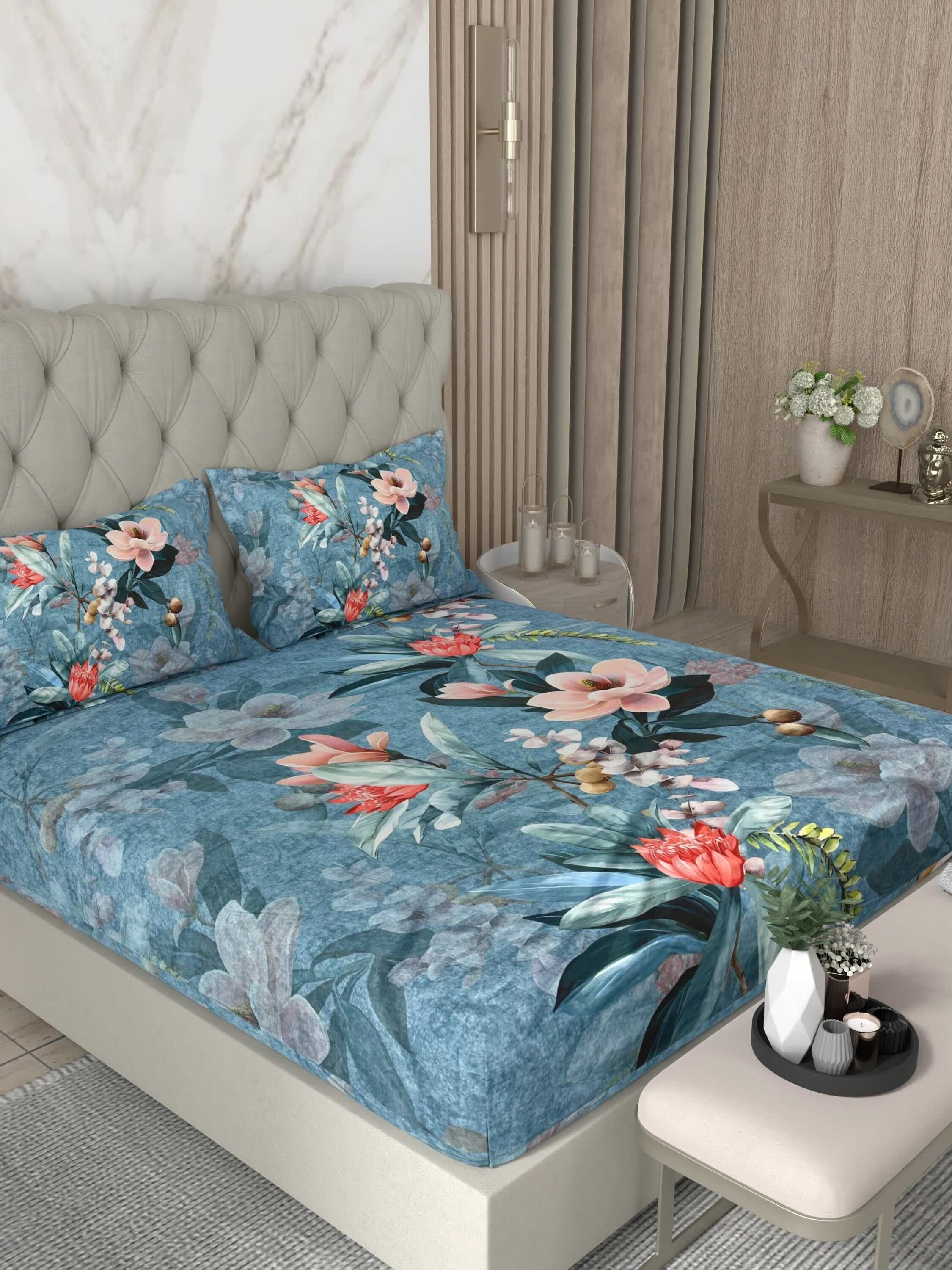 A-5072 - Poly Cotton 130 GSM Queen Size Digital Print Double Bedsheet (228X254) with Two Pillow Covers (43X69)