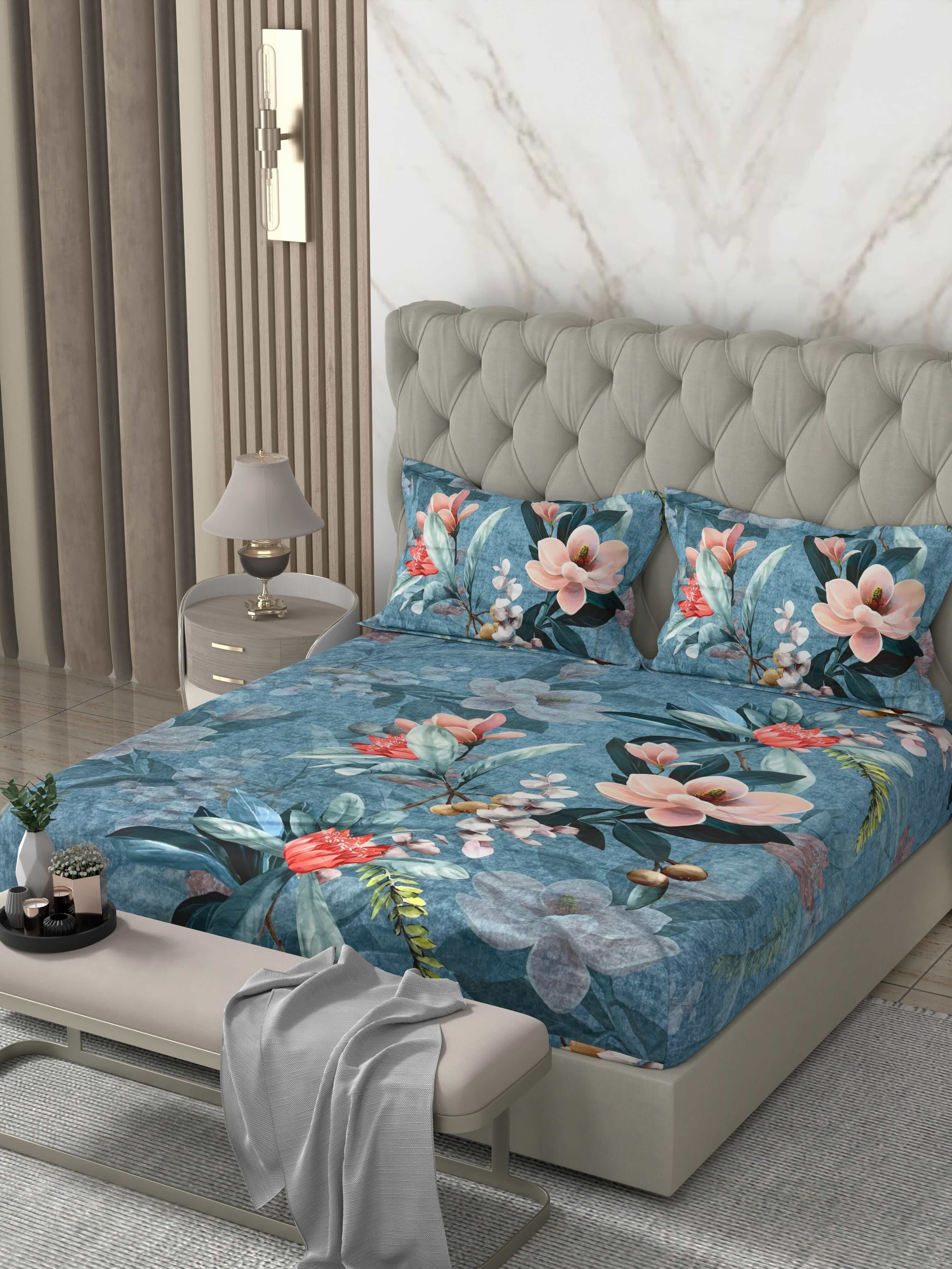 A-5072 - Poly Cotton 130 GSM Queen Size Digital Print Double Bedsheet (228X254) with Two Pillow Covers (43X69)