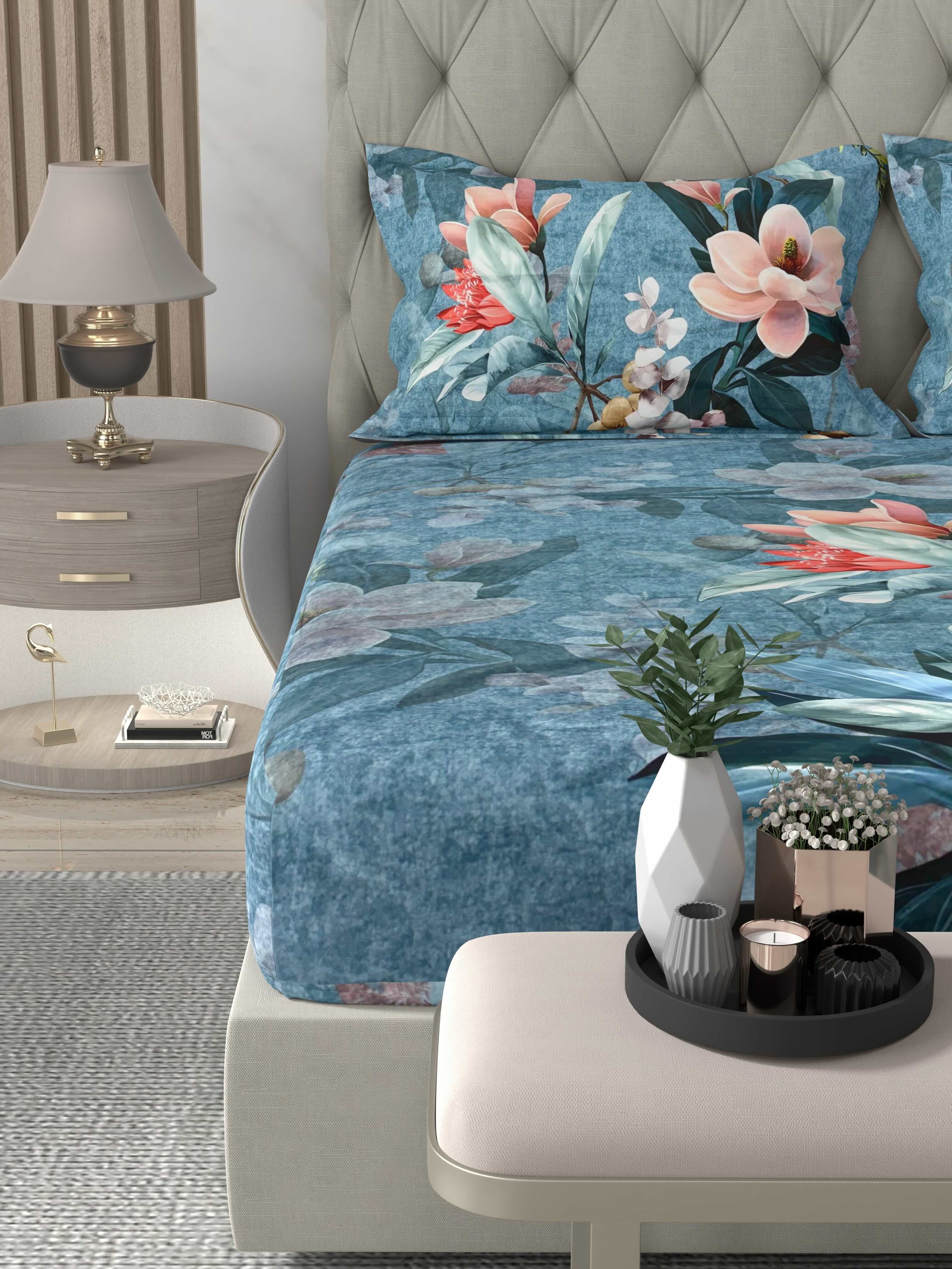 A-5072 - Poly Cotton 130 GSM Queen Size Digital Print Double Bedsheet (228X254) with Two Pillow Covers (43X69)