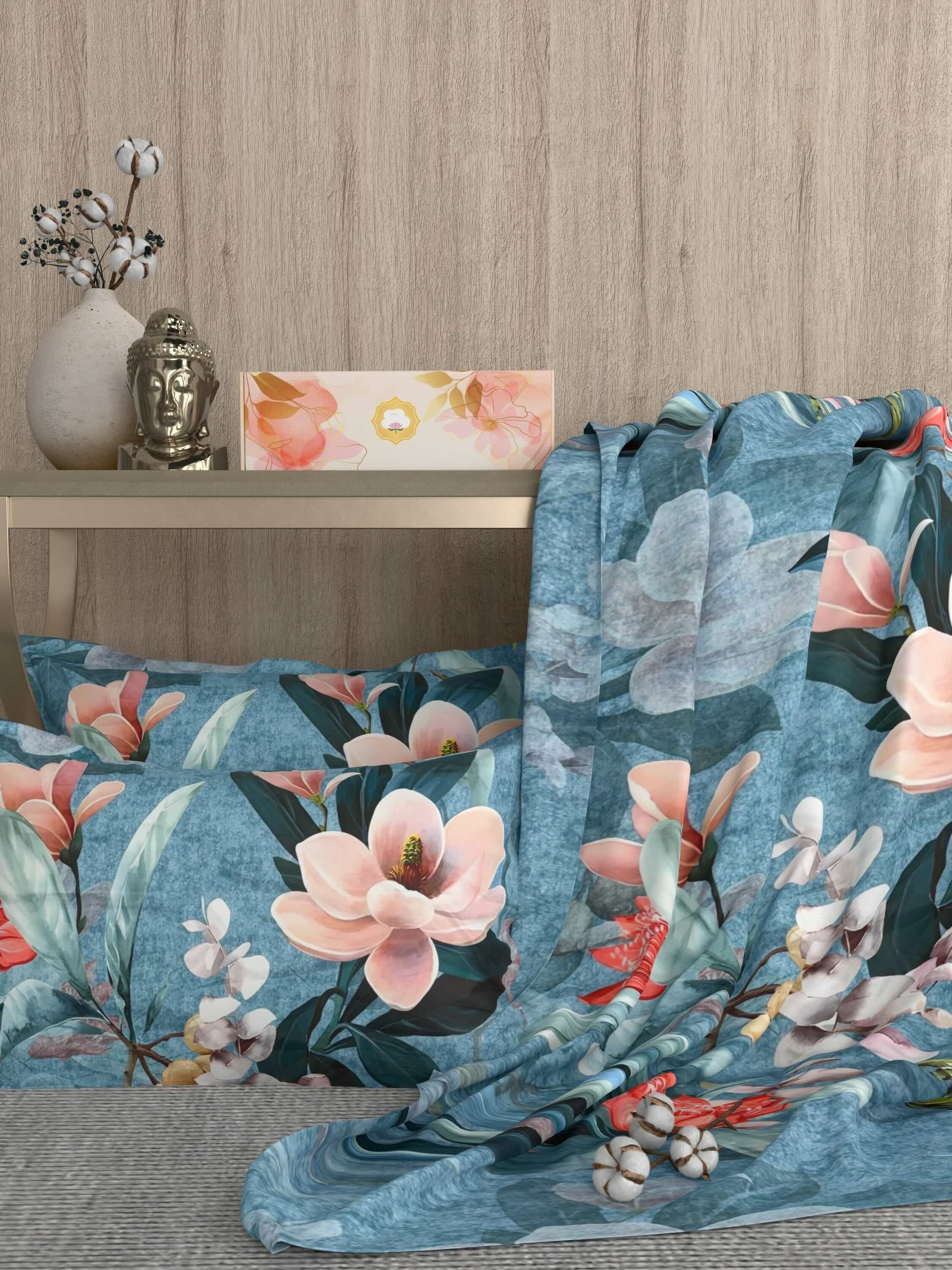 A-5072 - Poly Cotton 130 GSM Queen Size Digital Print Double Bedsheet (228X254) with Two Pillow Covers (43X69)