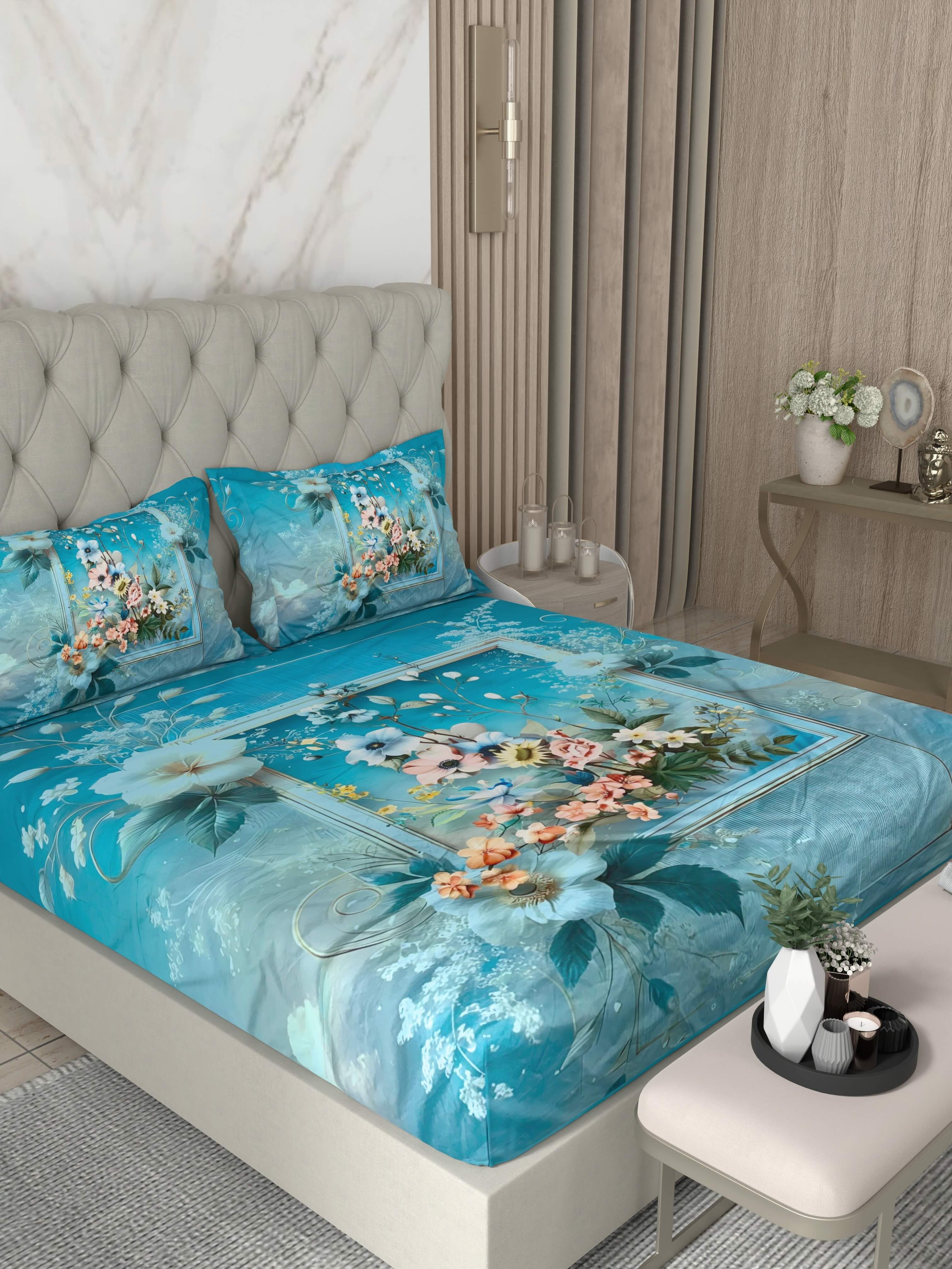 A-5073 - Poly Cotton 130 GSM Queen Size Digital Print Double Bedsheet (228X254) with Two Pillow Covers (43X69)