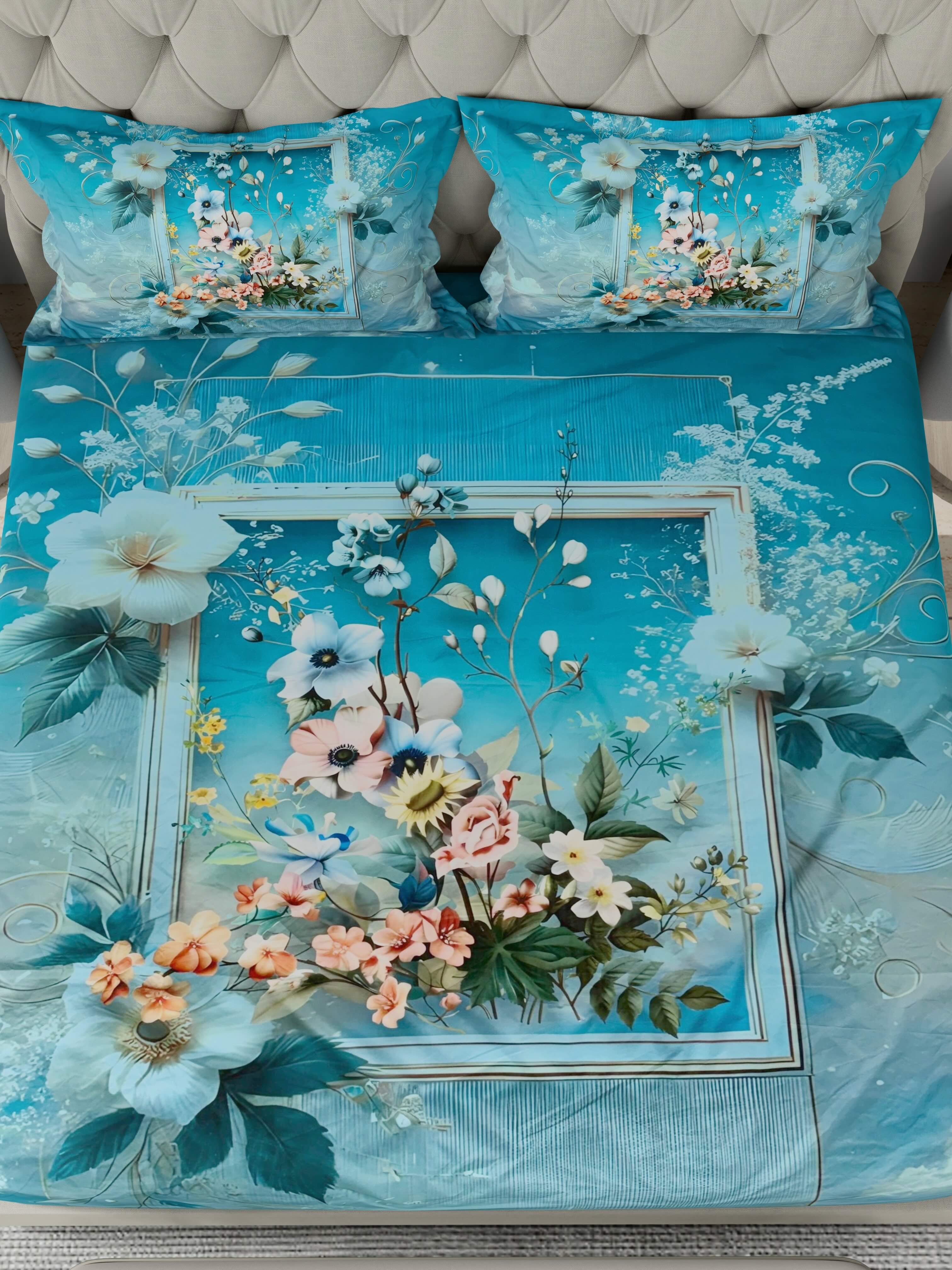 A-5073 - Poly Cotton 130 GSM Queen Size Digital Print Double Bedsheet (228X254) with Two Pillow Covers (43X69)