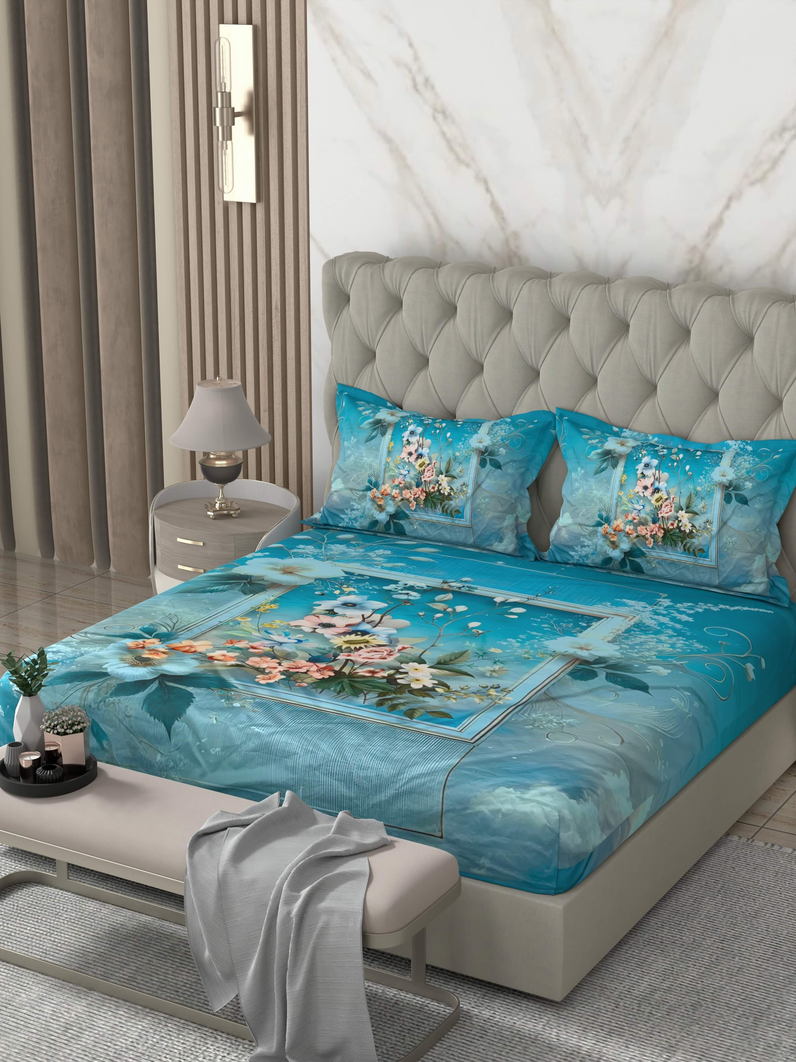 A-5073 - Poly Cotton 130 GSM Queen Size Digital Print Double Bedsheet (228X254) with Two Pillow Covers (43X69)