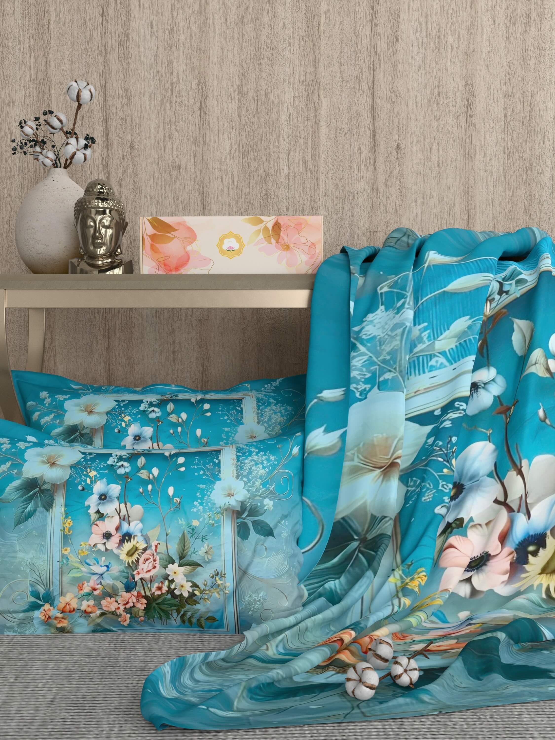 A-5073 - Poly Cotton 130 GSM Queen Size Digital Print Double Bedsheet (228X254) with Two Pillow Covers (43X69)