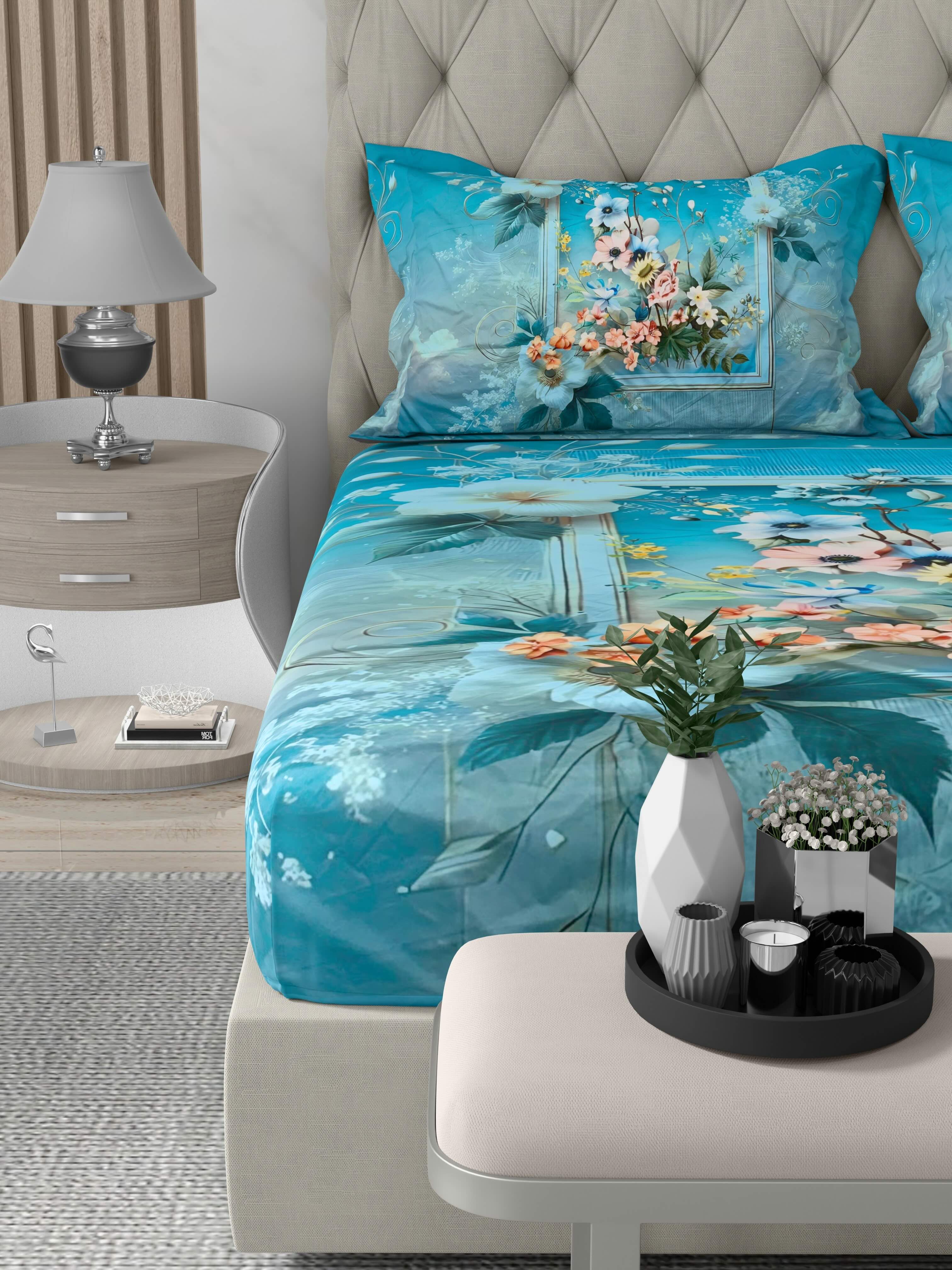 A-5073 - Poly Cotton 130 GSM Queen Size Digital Print Double Bedsheet (228X254) with Two Pillow Covers (43X69)