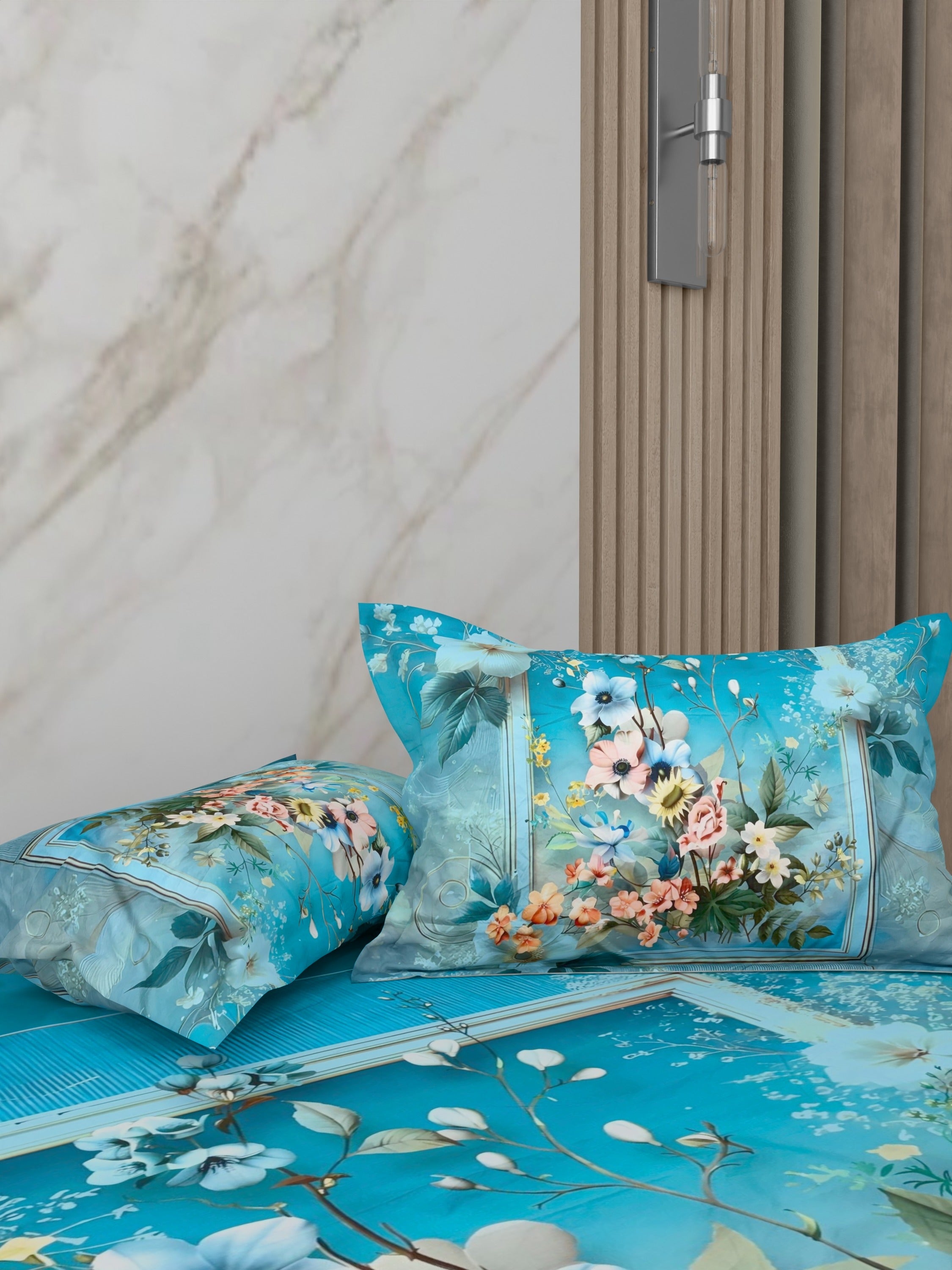 A-5073 - Poly Cotton 130 GSM Queen Size Digital Print Double Bedsheet (228X254) with Two Pillow Covers (43X69)