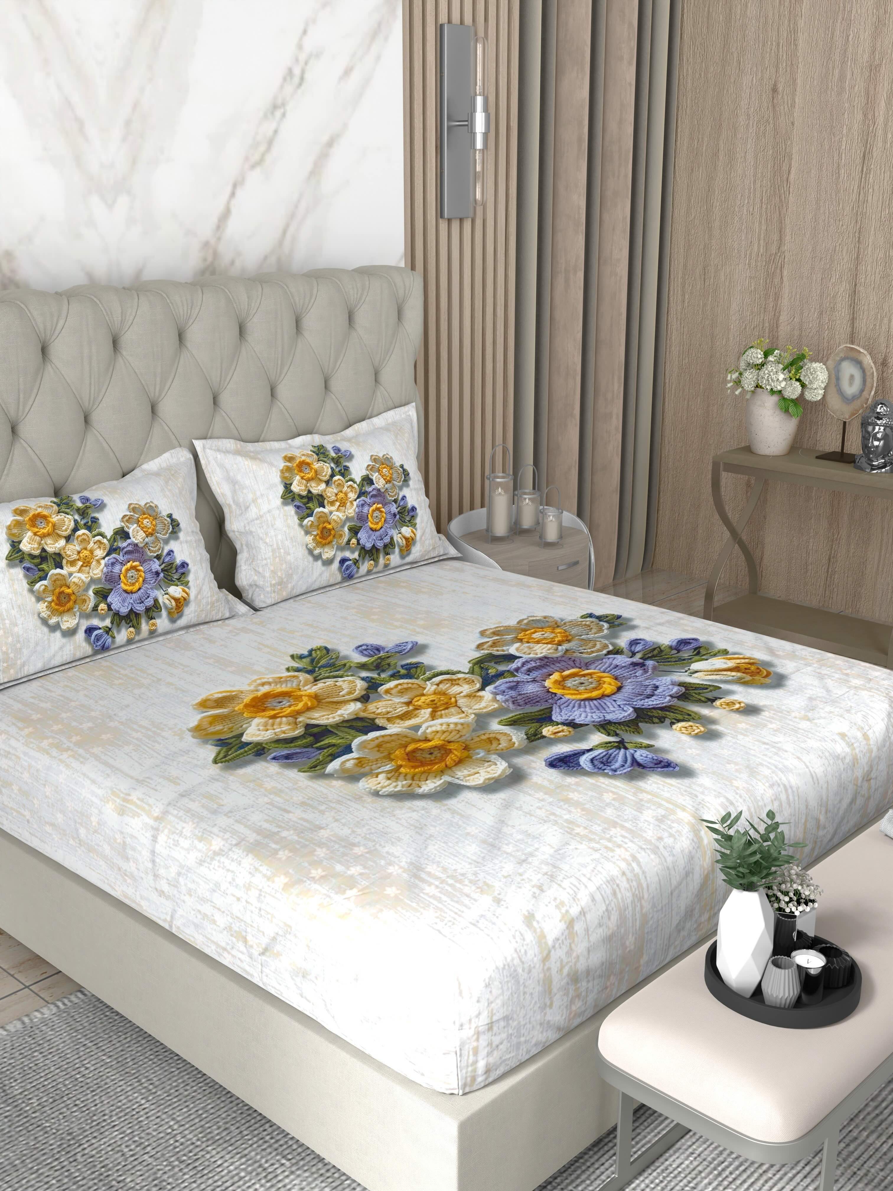 A-5074 - Poly Cotton 130 GSM Queen Size Digital Print Double Bedsheet (228X254) with Two Pillow Covers (43X69)