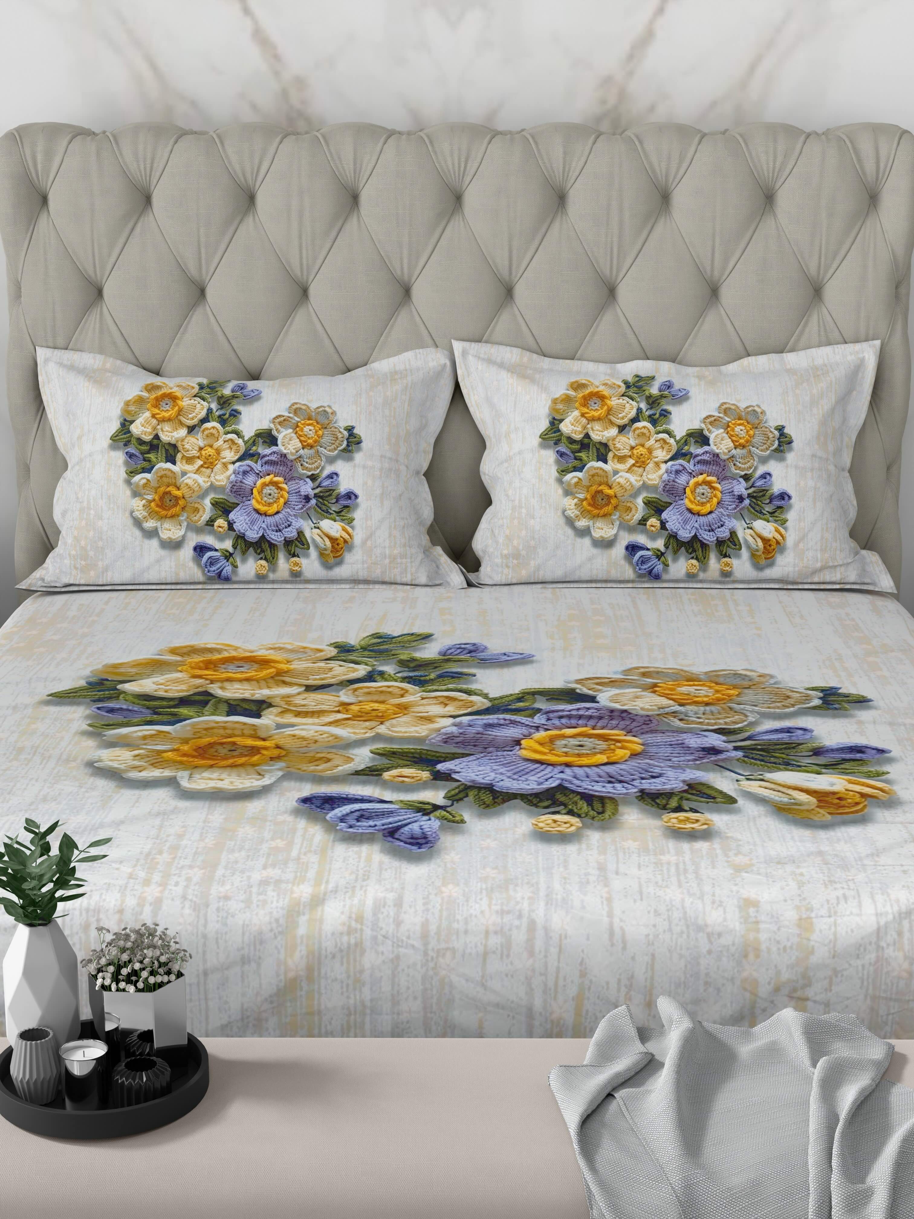 A-5074 - Poly Cotton 130 GSM Queen Size Digital Print Double Bedsheet (228X254) with Two Pillow Covers (43X69)