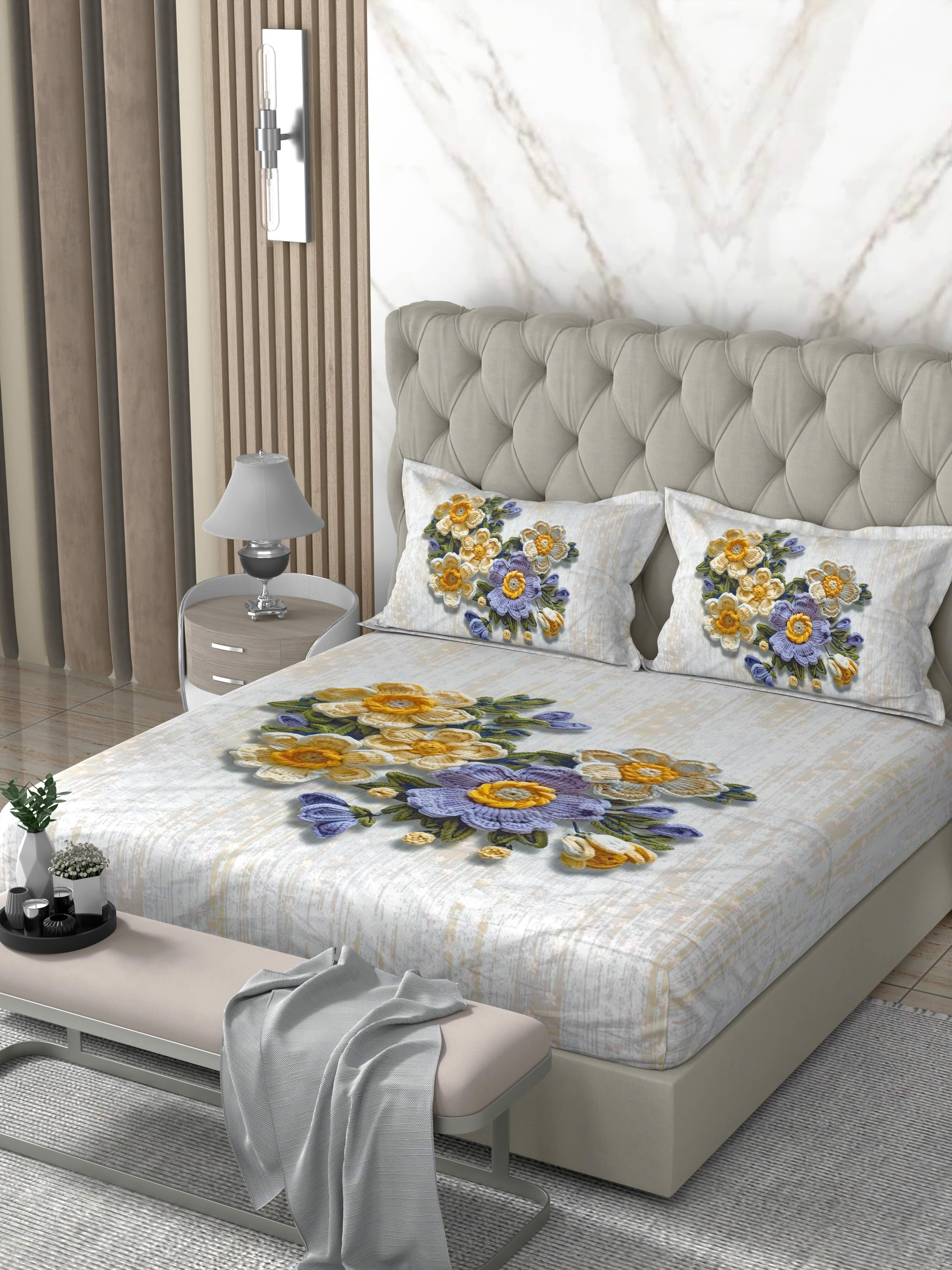 A-5074 - Poly Cotton 130 GSM Queen Size Digital Print Double Bedsheet (228X254) with Two Pillow Covers (43X69)