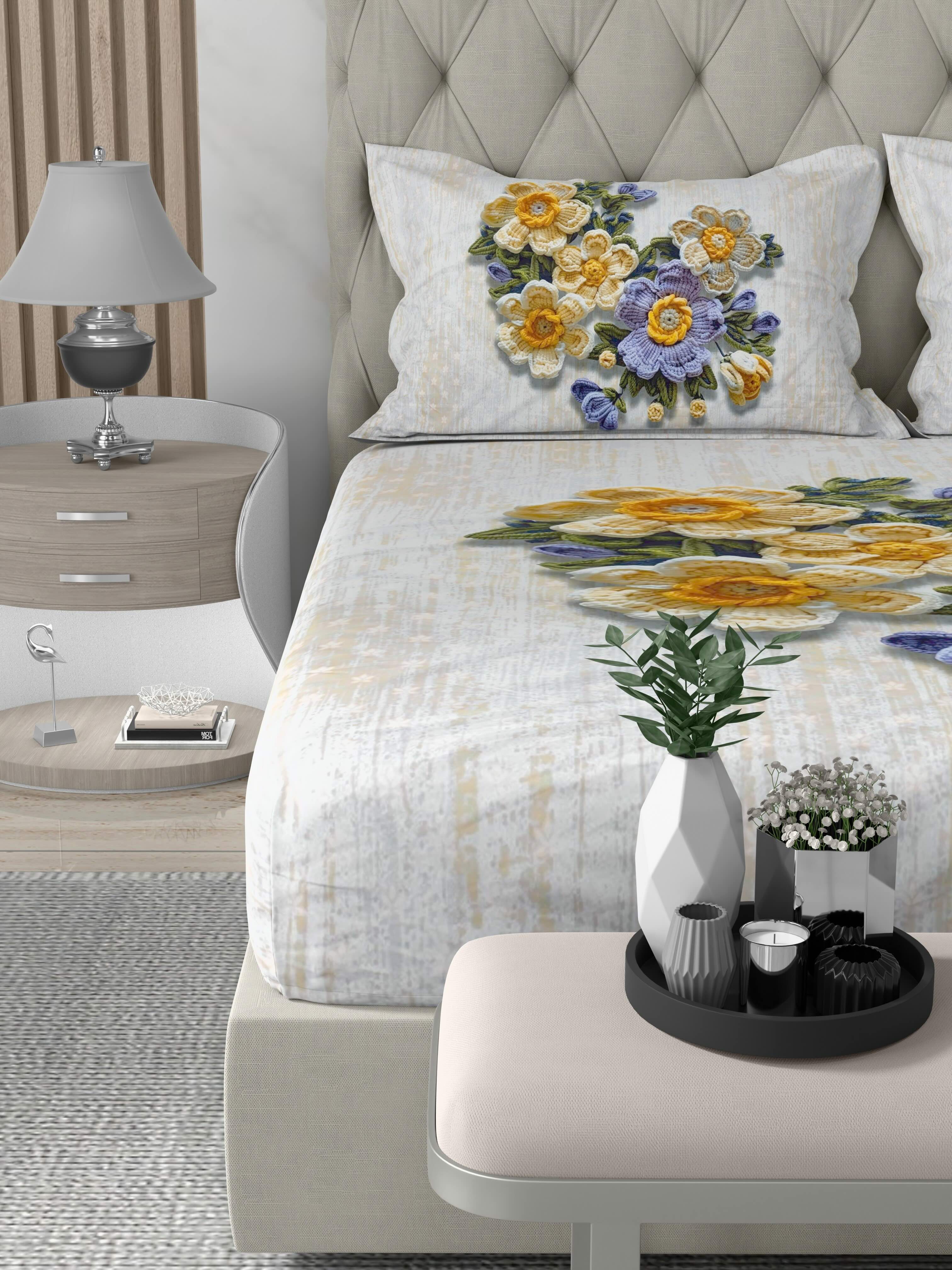 A-5074 - Poly Cotton 130 GSM Queen Size Digital Print Double Bedsheet (228X254) with Two Pillow Covers (43X69)