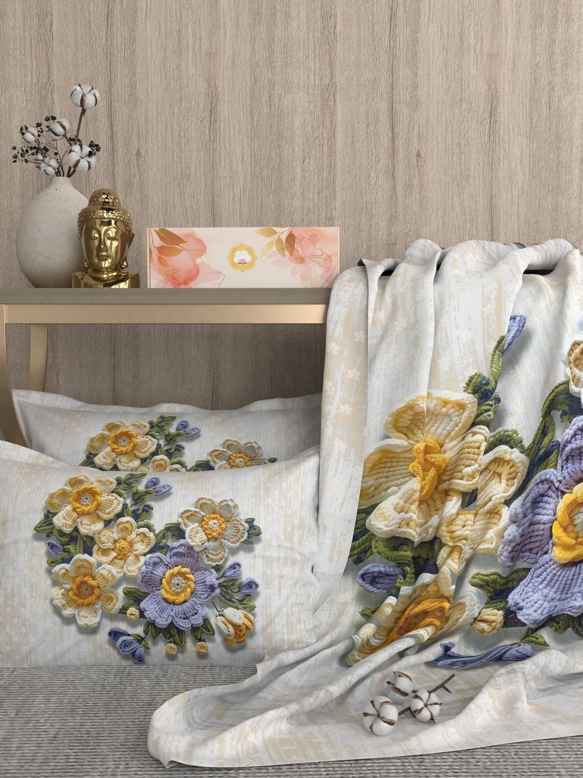 A-5074 - Poly Cotton 130 GSM Queen Size Digital Print Double Bedsheet (228X254) with Two Pillow Covers (43X69)