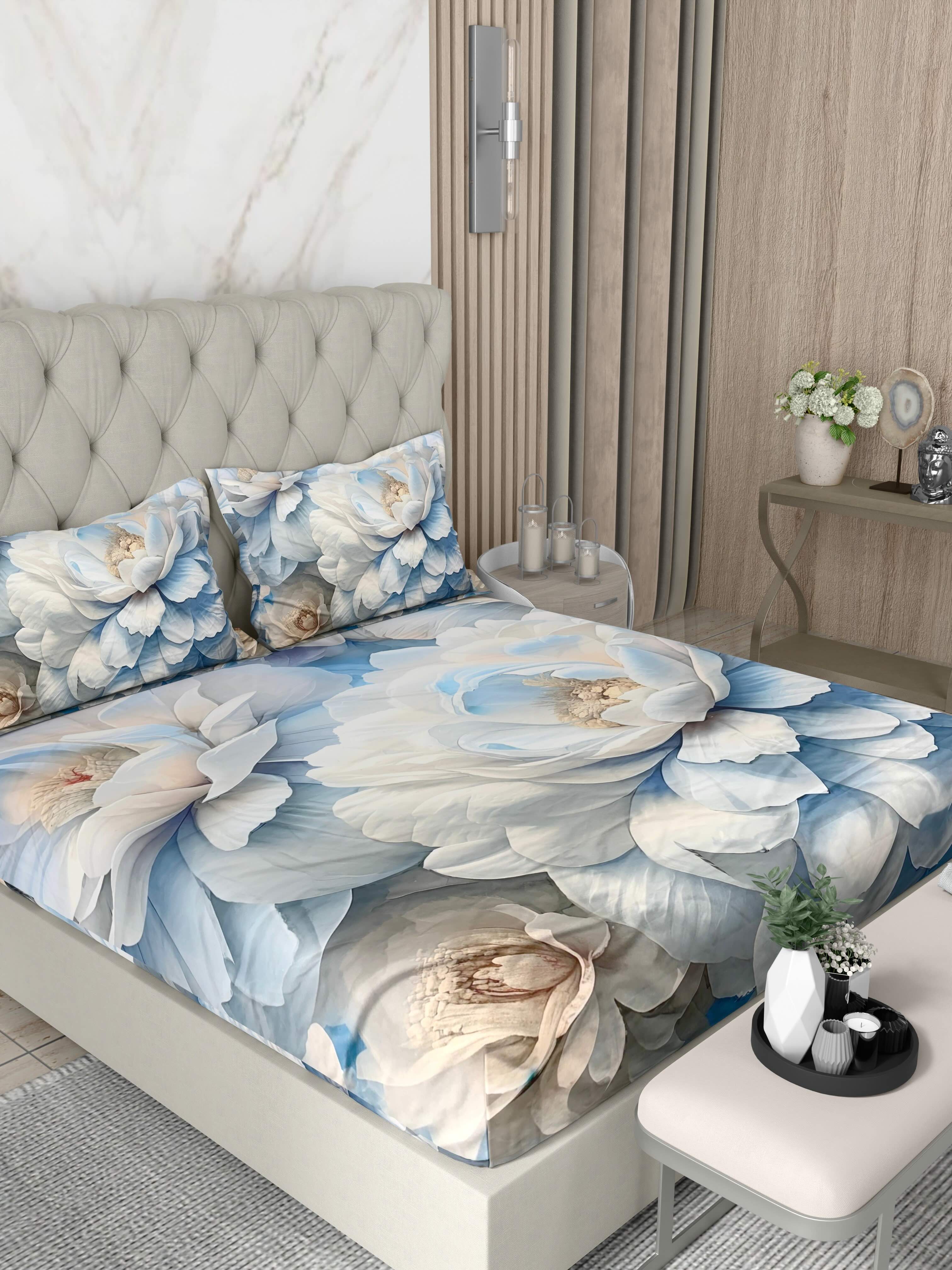 A-5075 - Poly Cotton 130 GSM Queen Size Digital Print Double Bedsheet (228X254) with Two Pillow Covers (43X69)