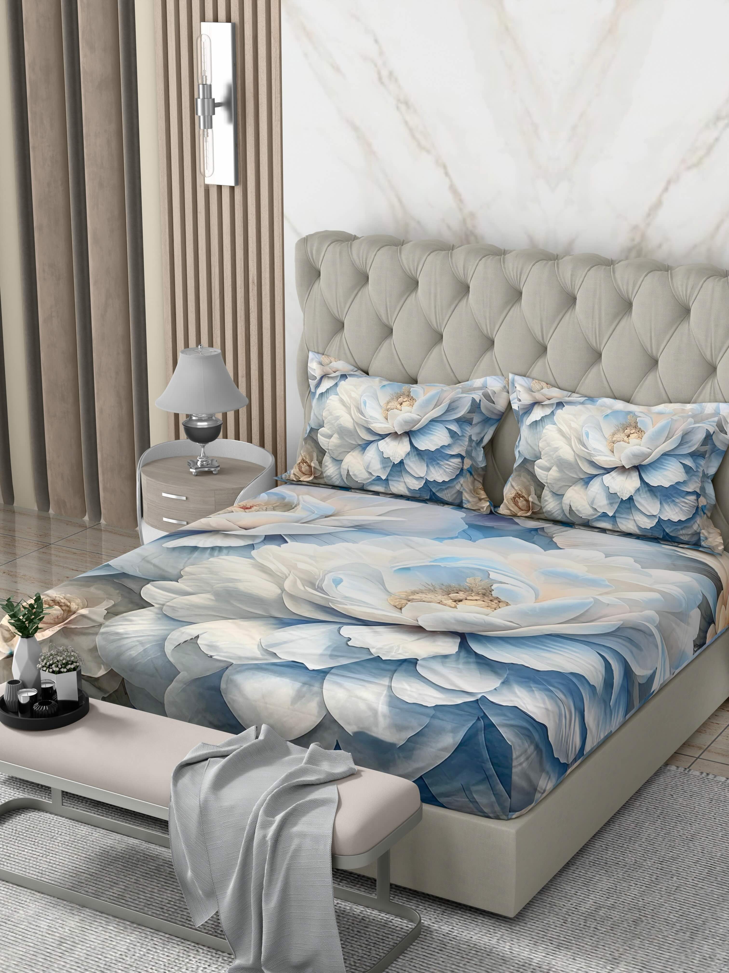 A-5075 - Poly Cotton 130 GSM Queen Size Digital Print Double Bedsheet (228X254) with Two Pillow Covers (43X69)