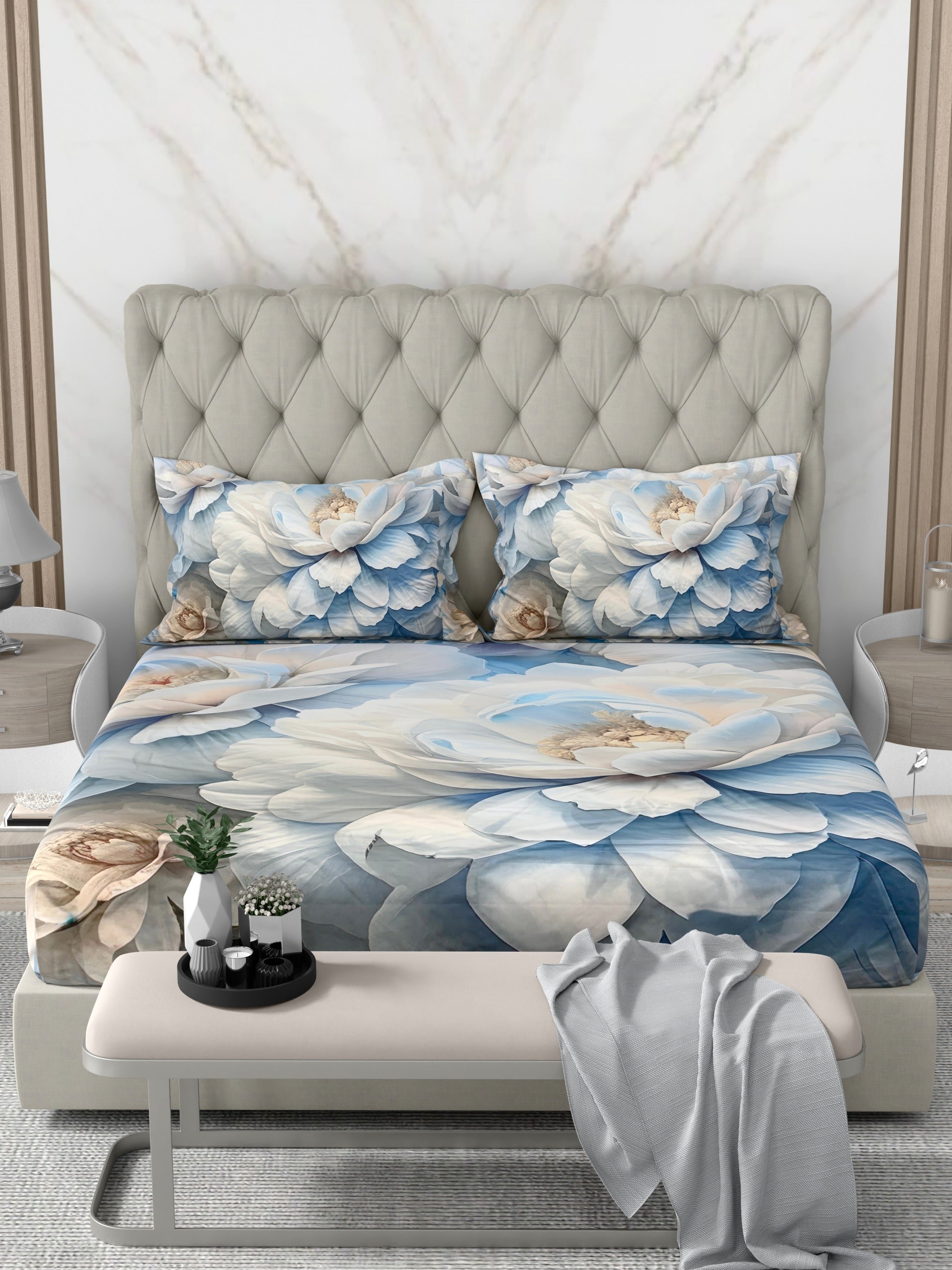 A-5075 - Poly Cotton 130 GSM Queen Size Digital Print Double Bedsheet (228X254) with Two Pillow Covers (43X69)