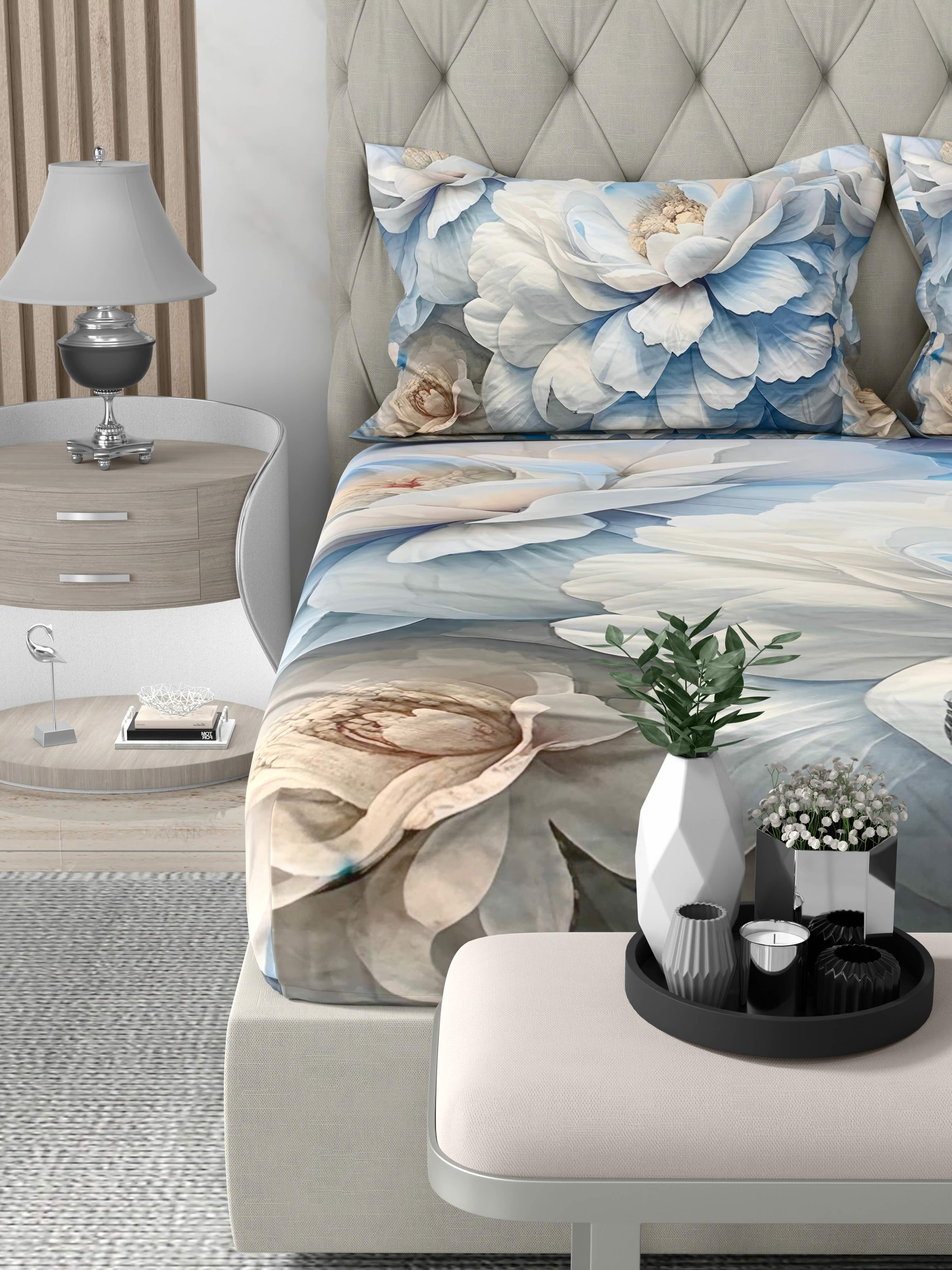 A-5075 - Poly Cotton 130 GSM Queen Size Digital Print Double Bedsheet (228X254) with Two Pillow Covers (43X69)