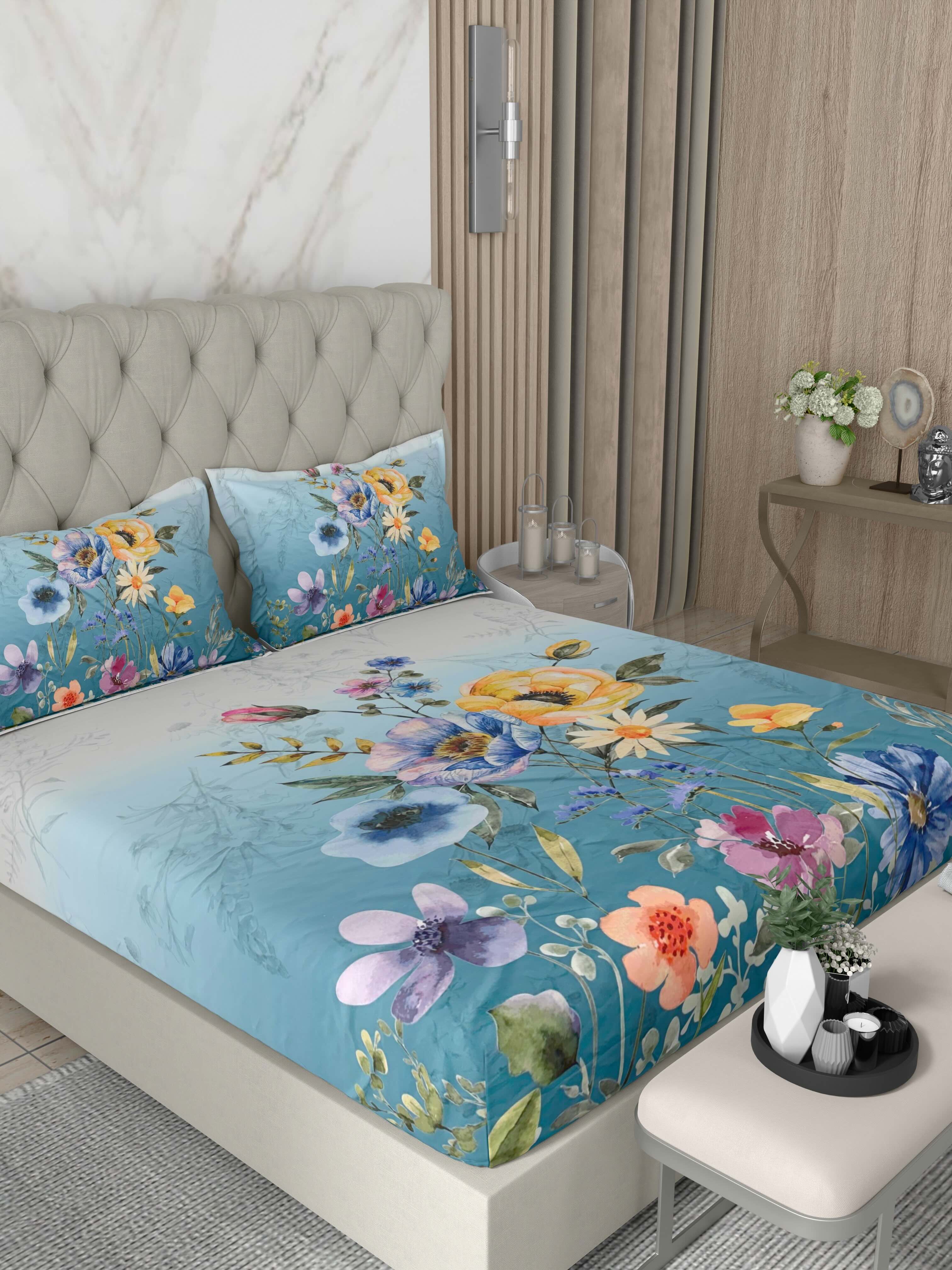 A-5076 - Poly Cotton 130 GSM Queen Size Digital Print Double Bedsheet (228X254) with Two Pillow Covers (43X69)