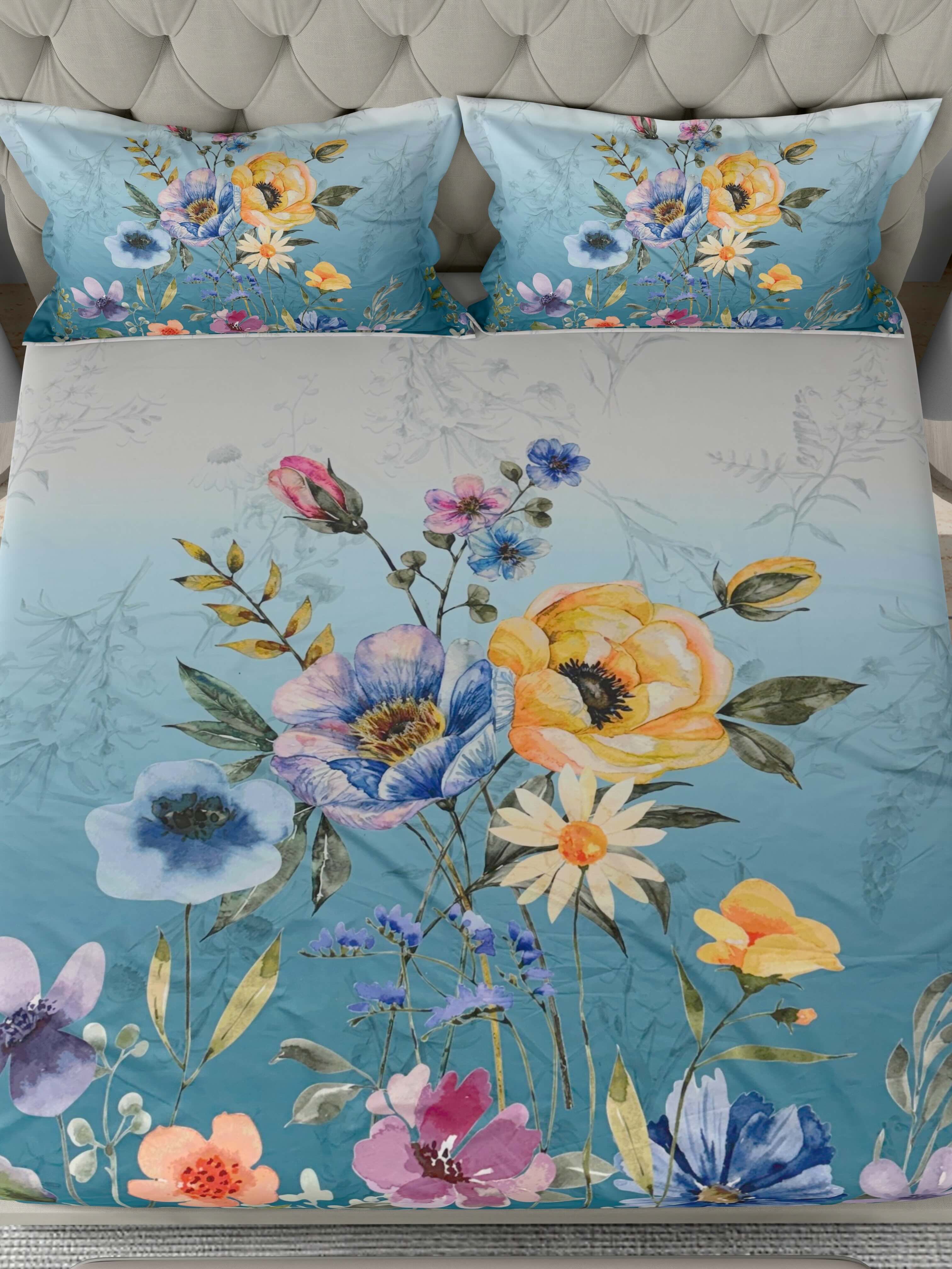 A-5076 - Poly Cotton 130 GSM Queen Size Digital Print Double Bedsheet (228X254) with Two Pillow Covers (43X69)