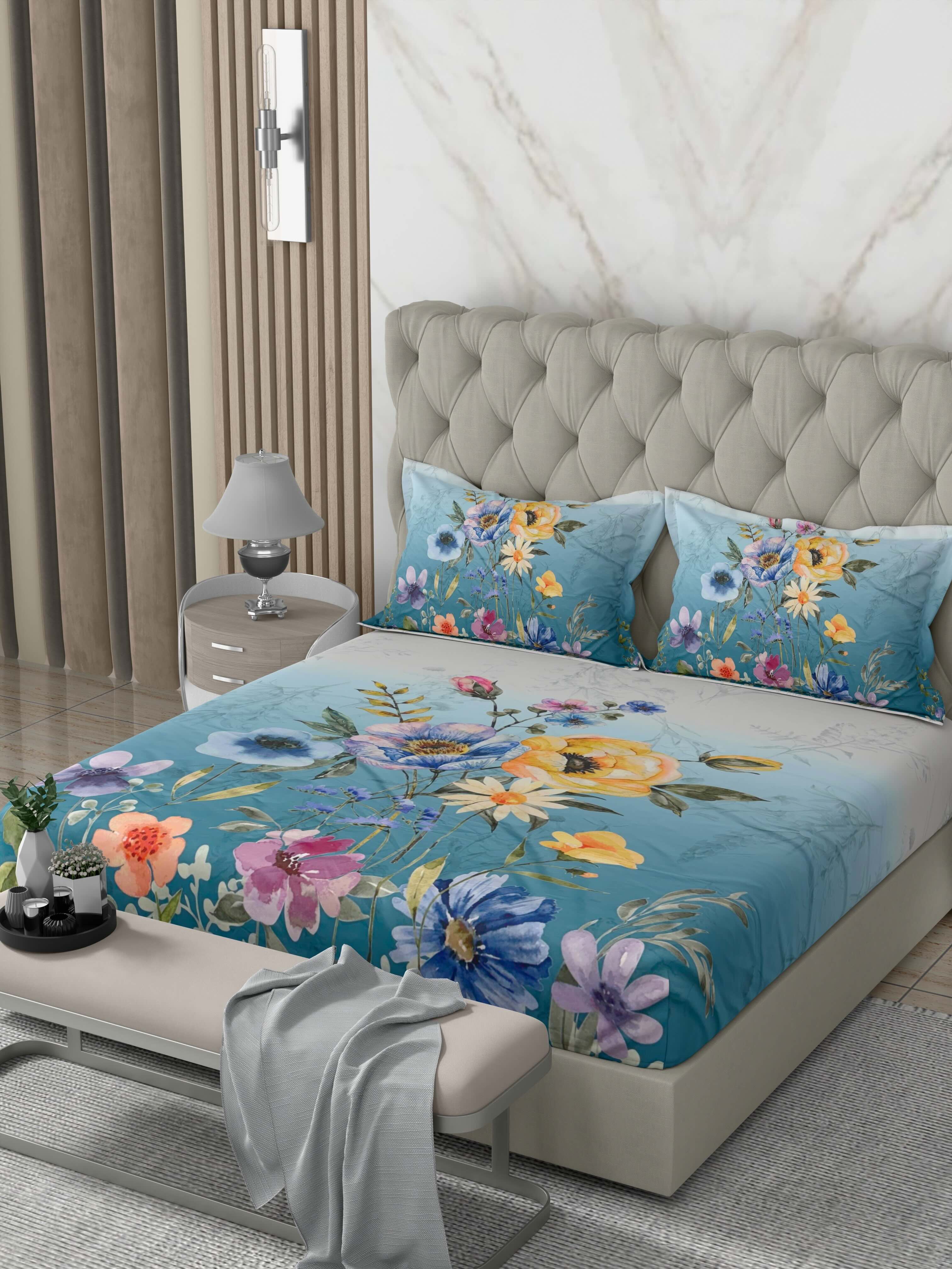 A-5076 - Poly Cotton 130 GSM Queen Size Digital Print Double Bedsheet (228X254) with Two Pillow Covers (43X69)