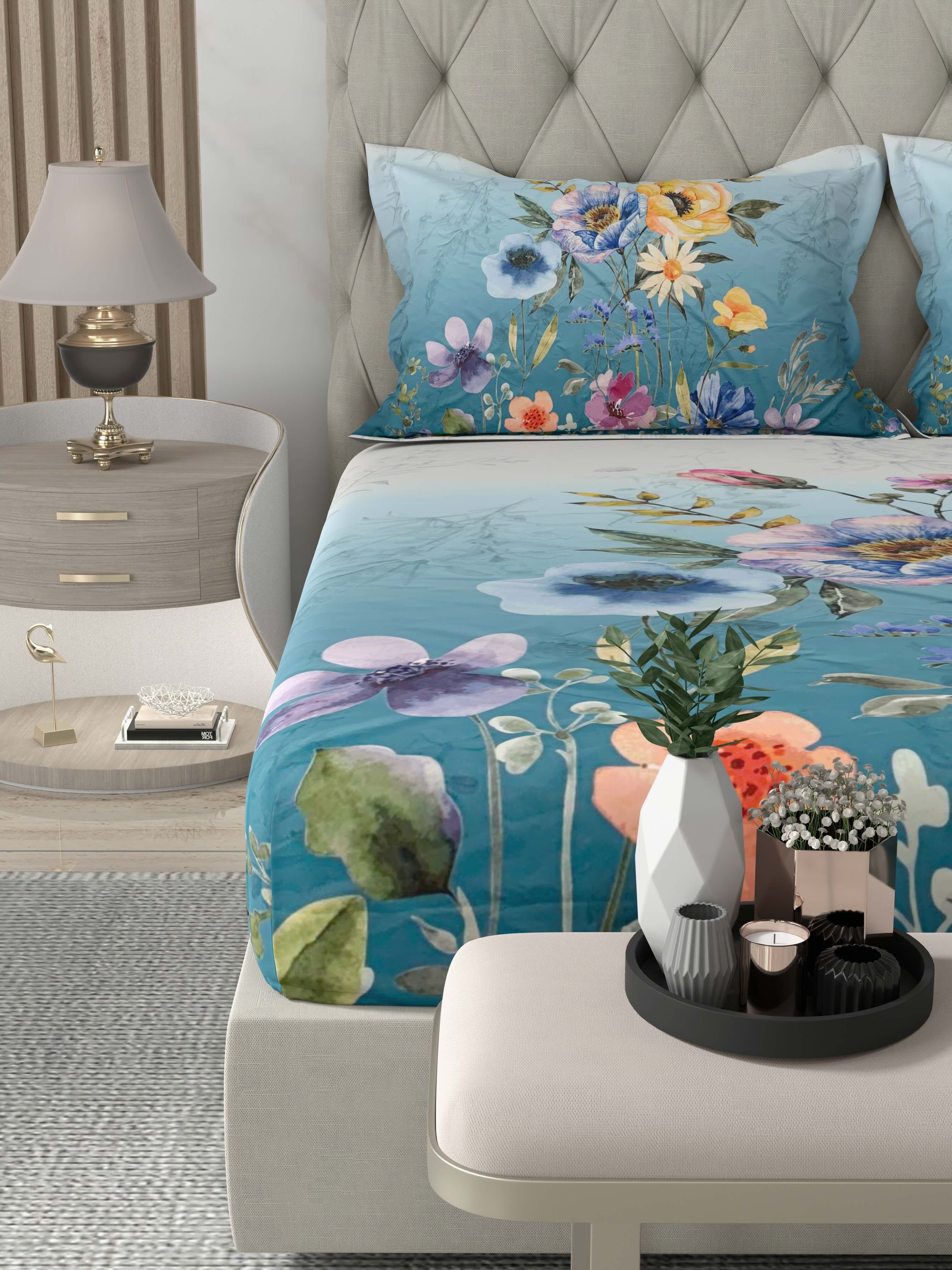 A-5076 - Poly Cotton 130 GSM Queen Size Digital Print Double Bedsheet (228X254) with Two Pillow Covers (43X69)