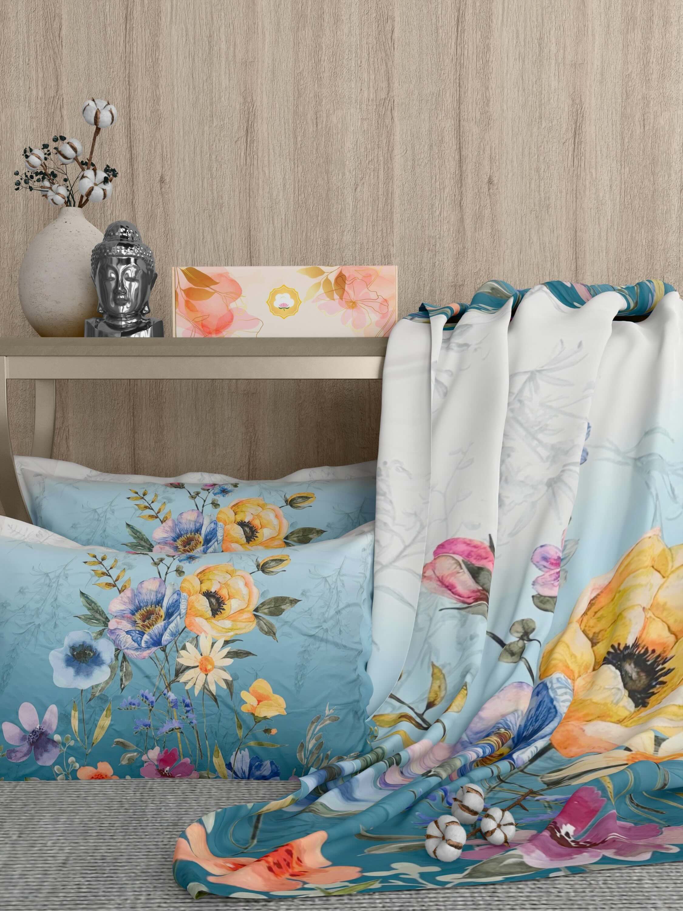 A-5076 - Poly Cotton 130 GSM Queen Size Digital Print Double Bedsheet (228X254) with Two Pillow Covers (43X69)