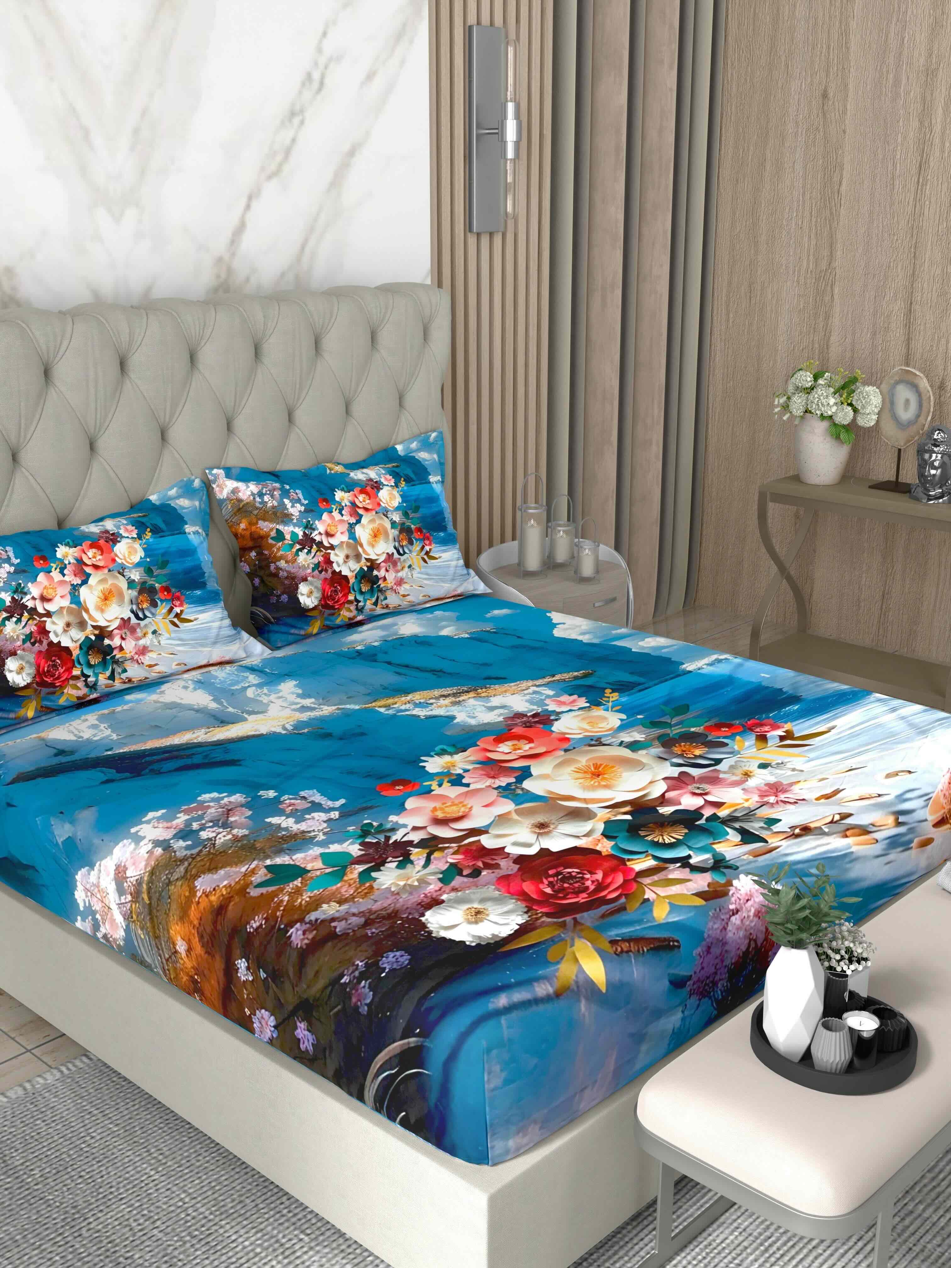 A-5077 - Poly Cotton 130 GSM Queen Size Digital Print Double Bedsheet (228X254) with Two Pillow Covers (43X69)