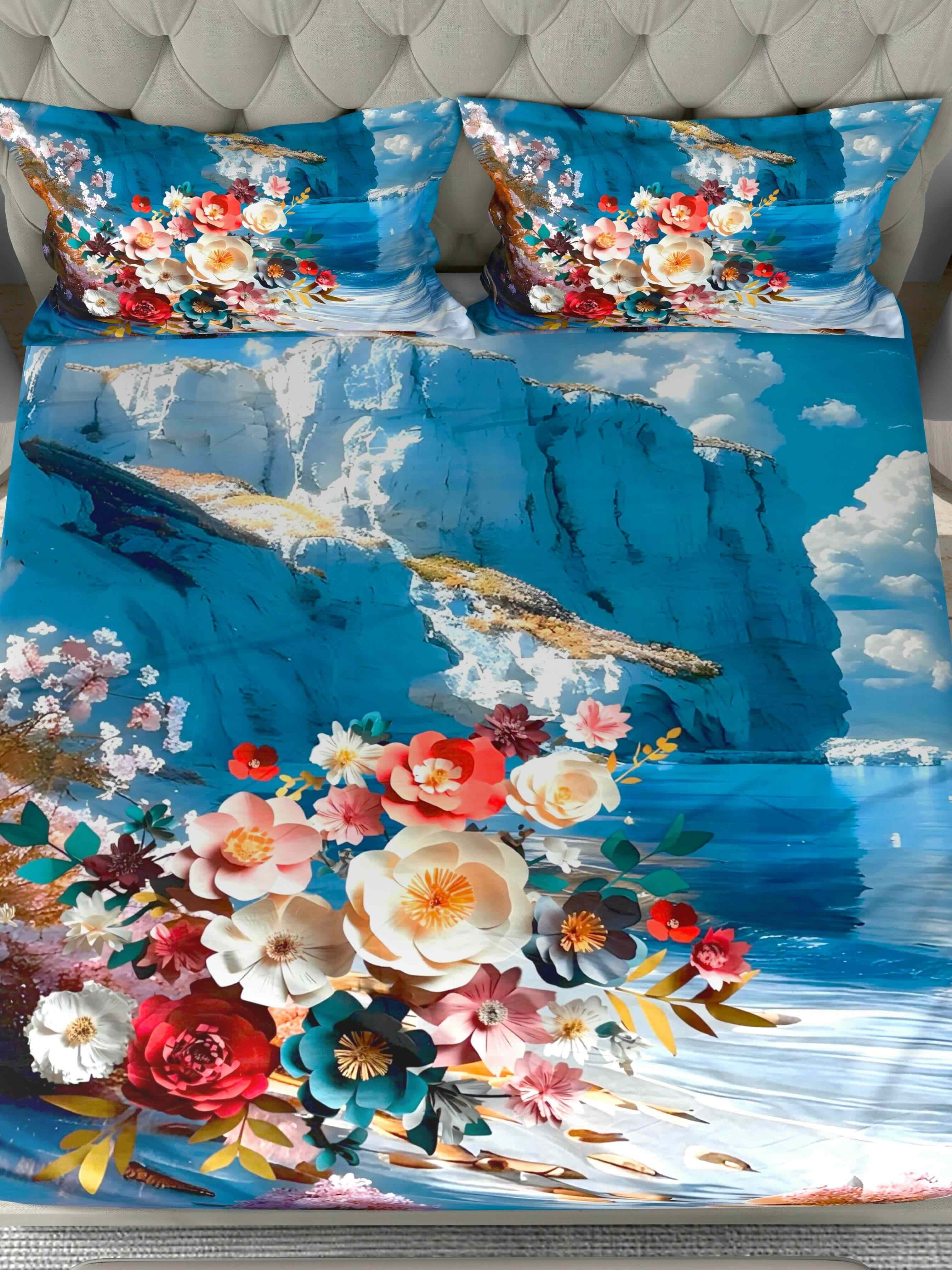 A-5077 - Poly Cotton 130 GSM Queen Size Digital Print Double Bedsheet (228X254) with Two Pillow Covers (43X69)