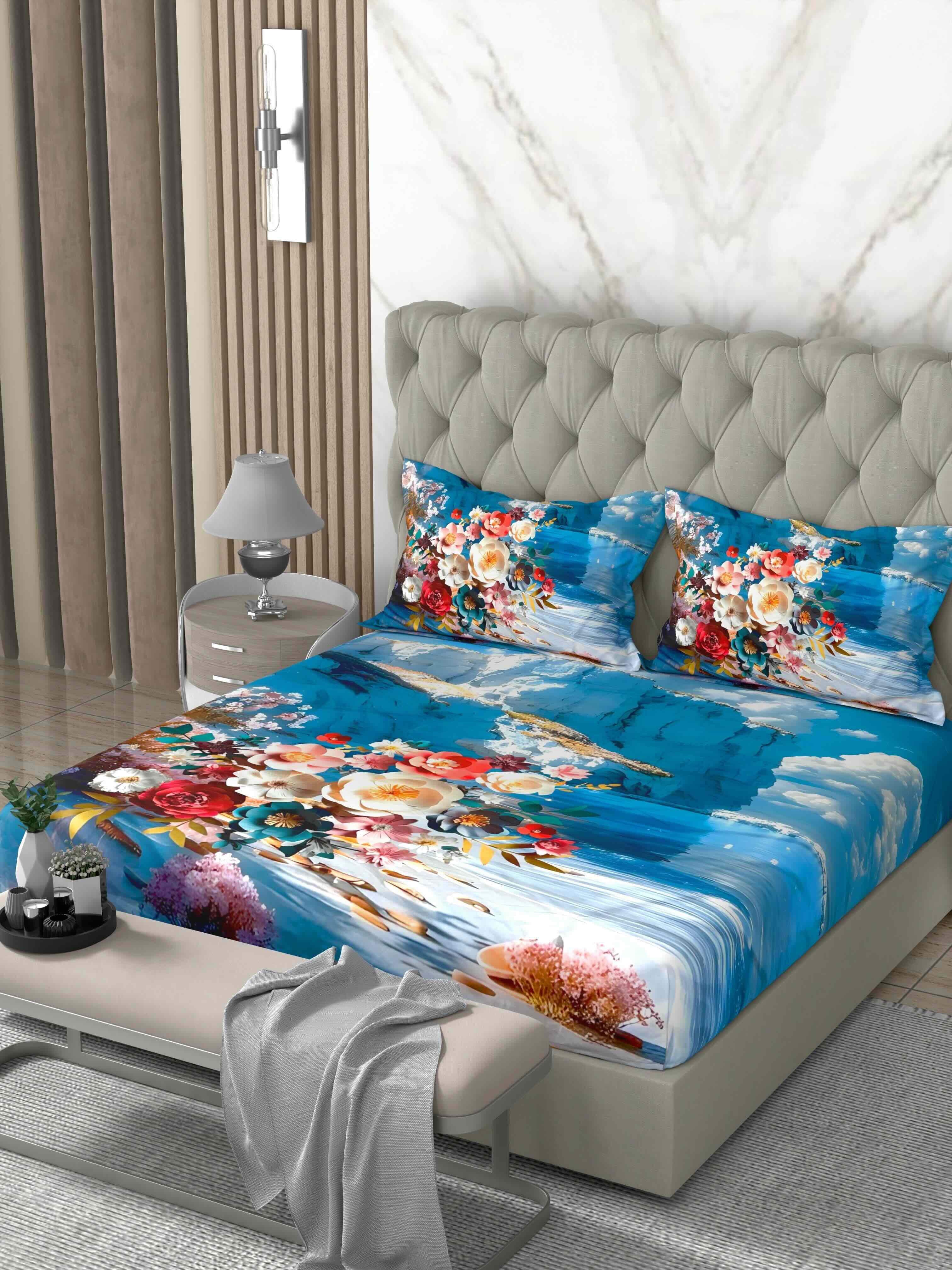A-5077 - Poly Cotton 130 GSM Queen Size Digital Print Double Bedsheet (228X254) with Two Pillow Covers (43X69)
