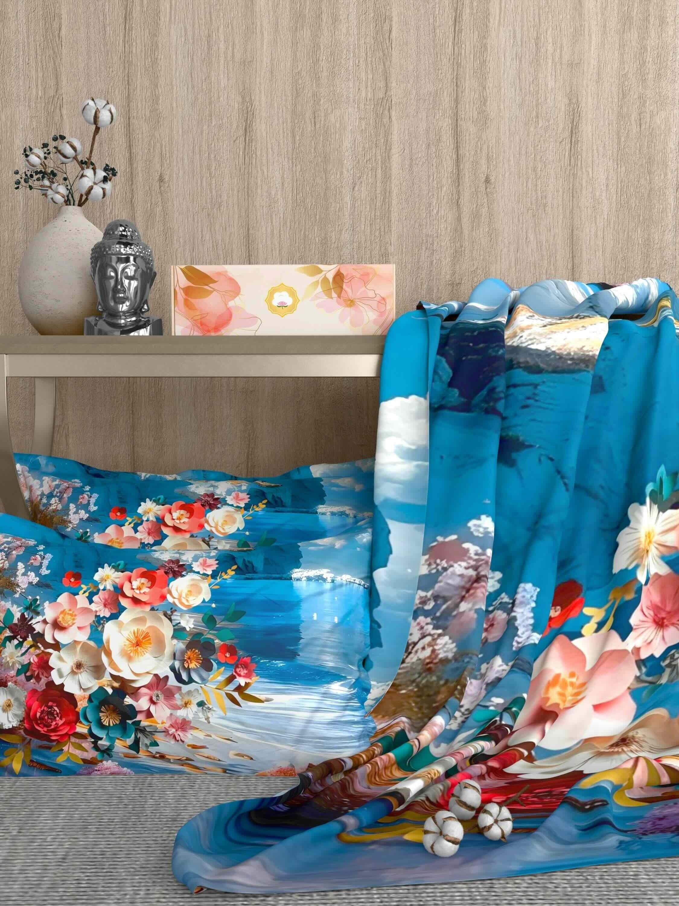 A-5077 - Poly Cotton 130 GSM Queen Size Digital Print Double Bedsheet (228X254) with Two Pillow Covers (43X69)