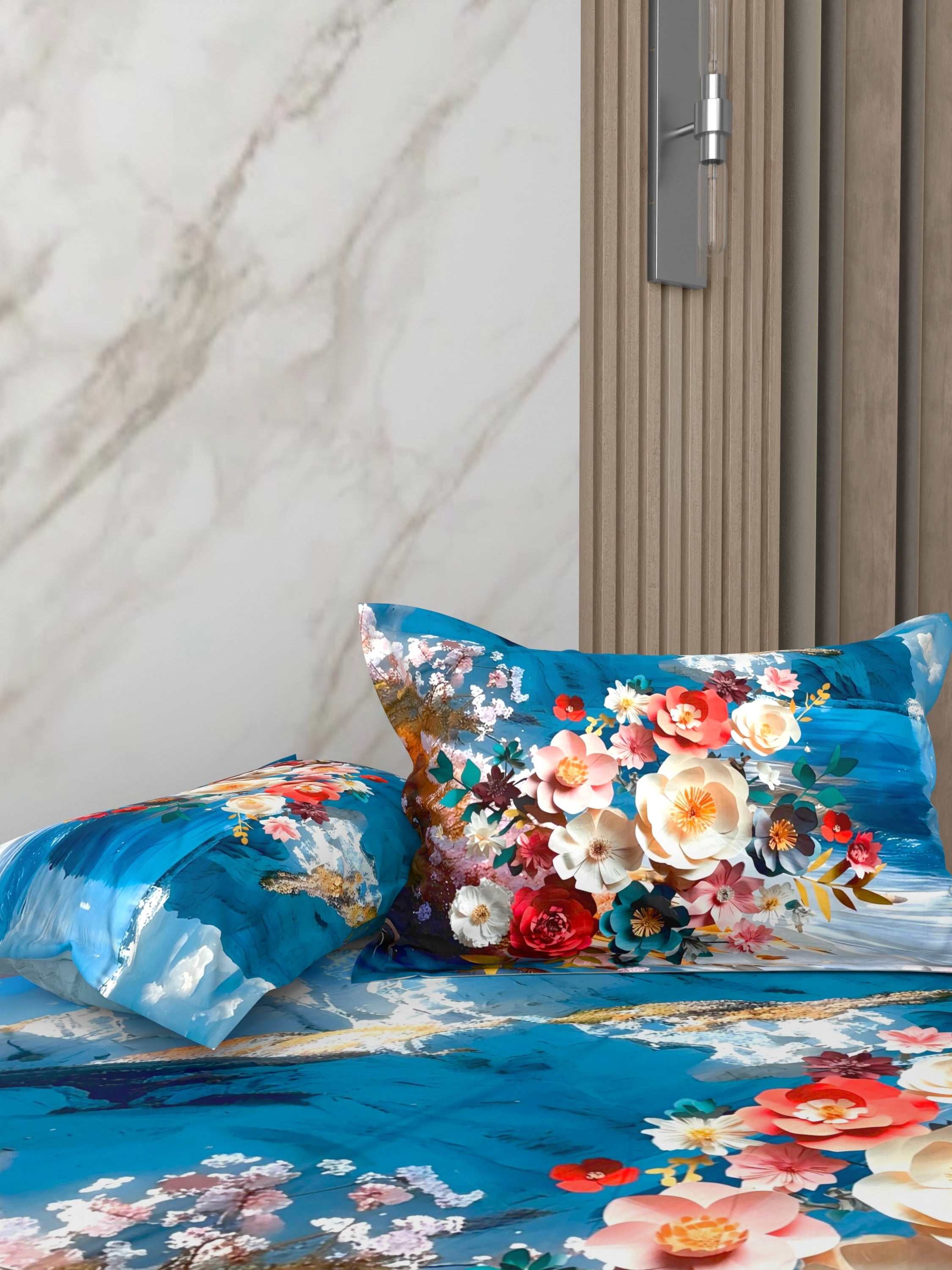 A-5077 - Poly Cotton 130 GSM Queen Size Digital Print Double Bedsheet (228X254) with Two Pillow Covers (43X69)