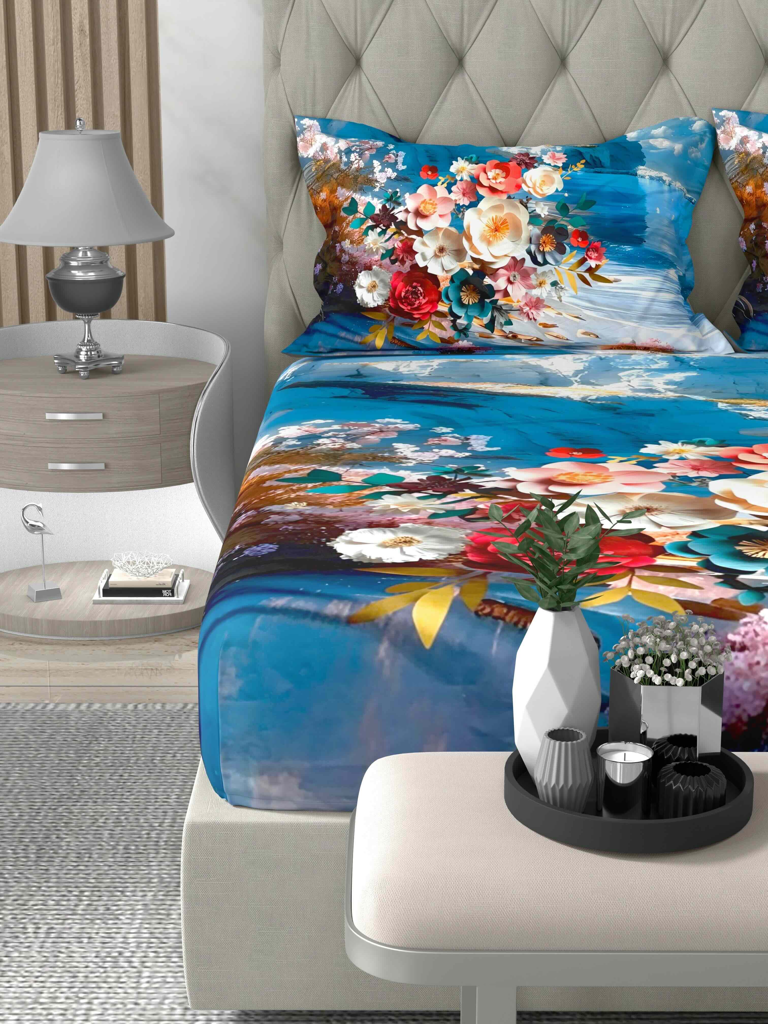 A-5077 - Poly Cotton 130 GSM Queen Size Digital Print Double Bedsheet (228X254) with Two Pillow Covers (43X69)