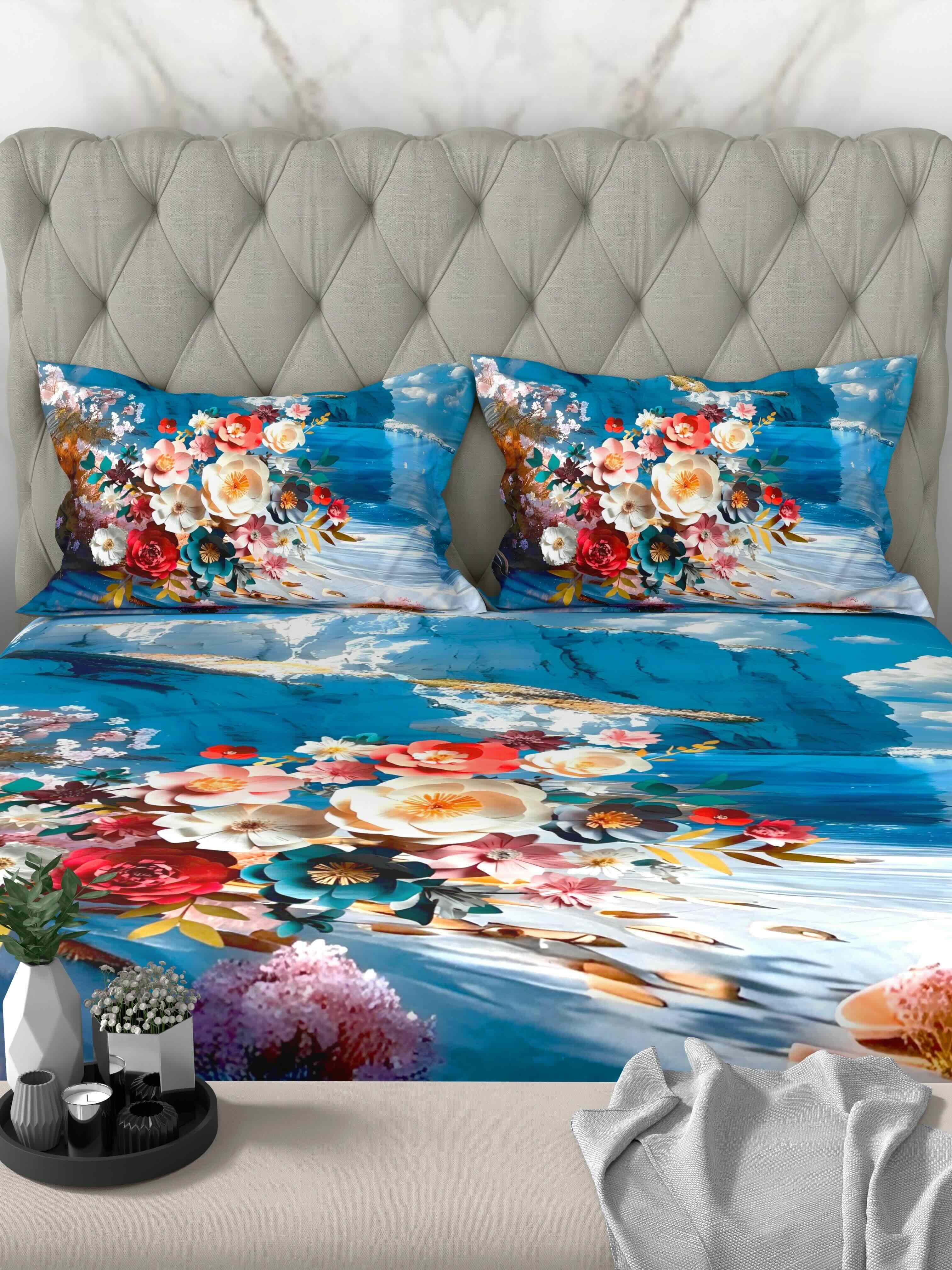 A-5077 - Poly Cotton 130 GSM Queen Size Digital Print Double Bedsheet (228X254) with Two Pillow Covers (43X69)
