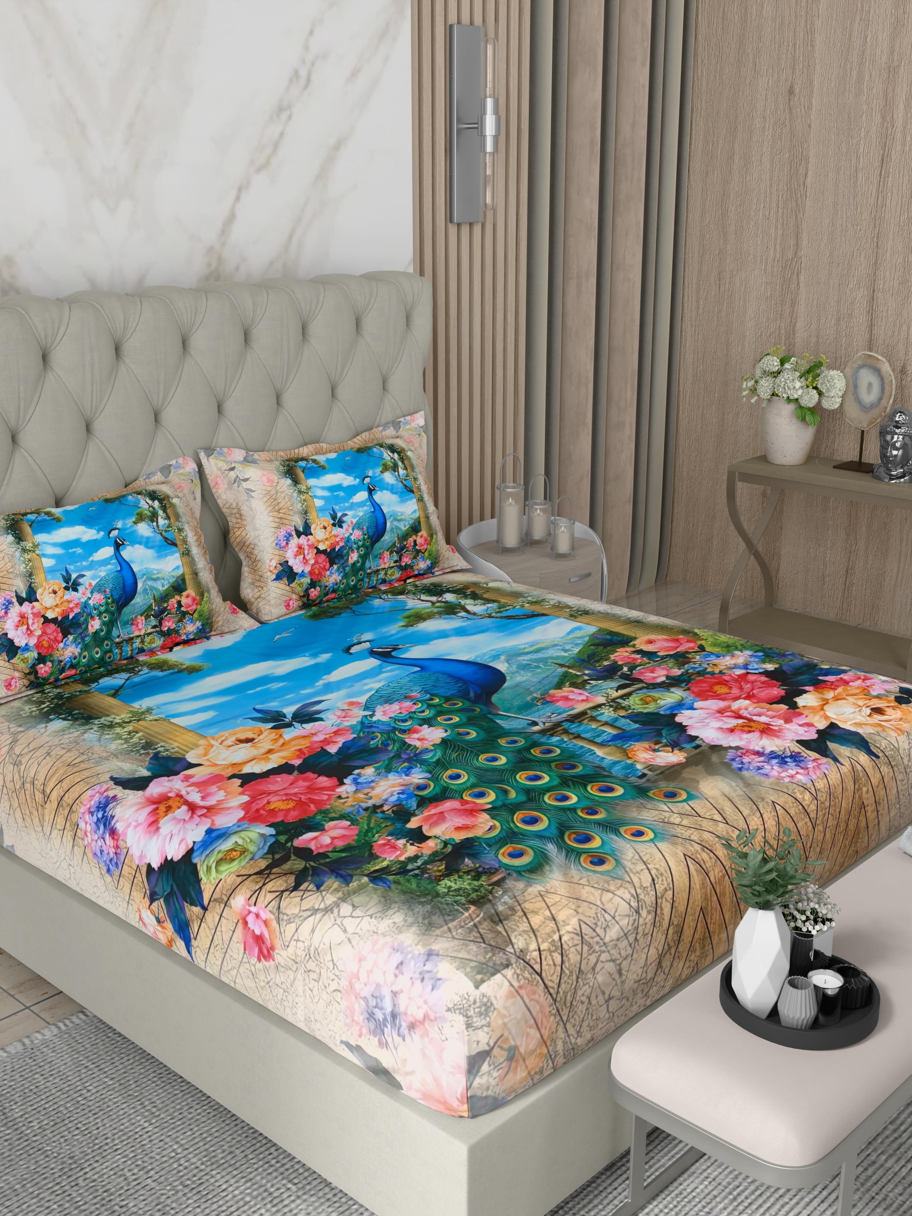 A-5078 - Poly Cotton 130 GSM Queen Size Digital Print Double Bedsheet (228X254) with Two Pillow Covers (43X69)
