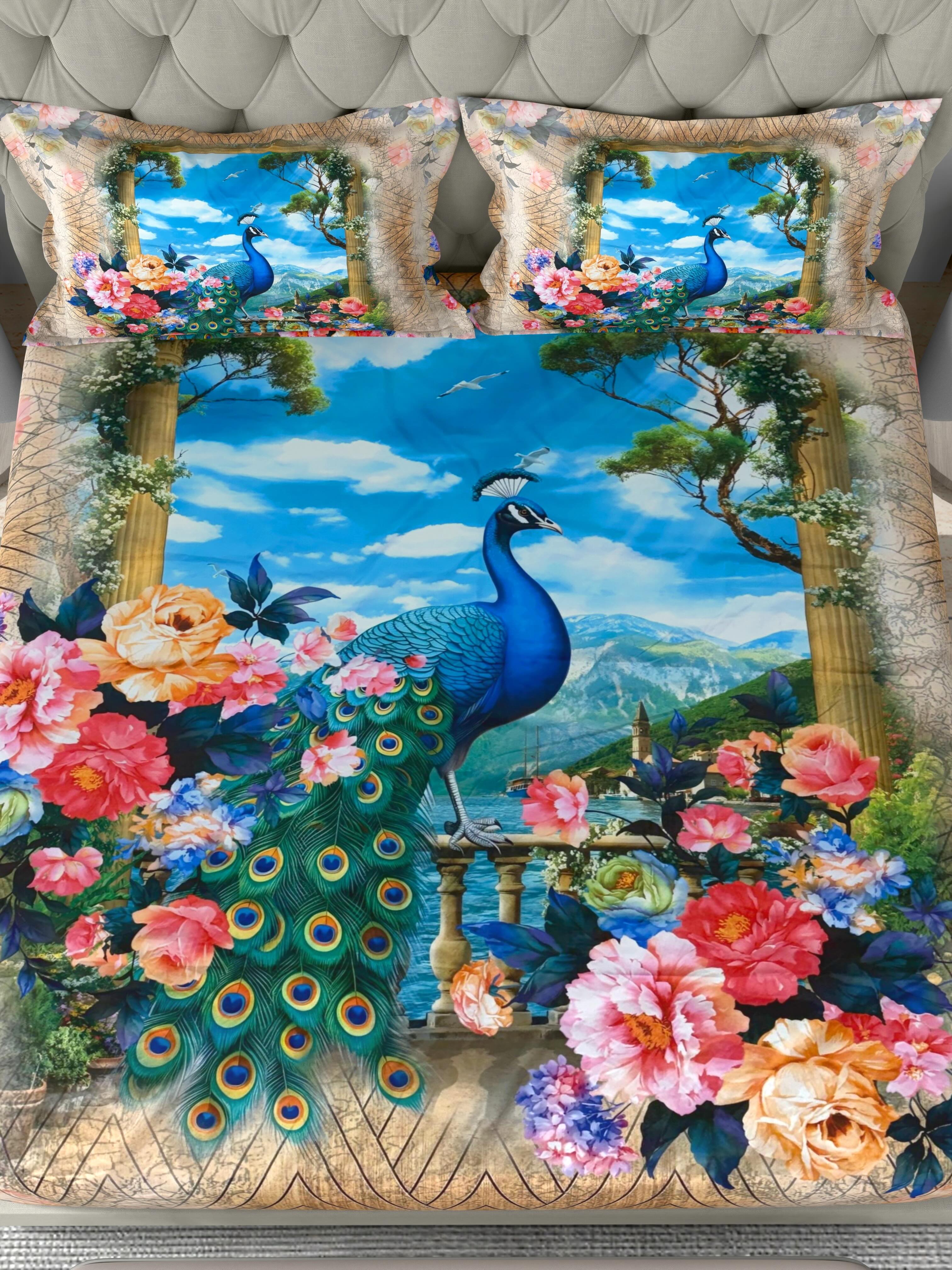 A-5078 - Poly Cotton 130 GSM Queen Size Digital Print Double Bedsheet (228X254) with Two Pillow Covers (43X69)