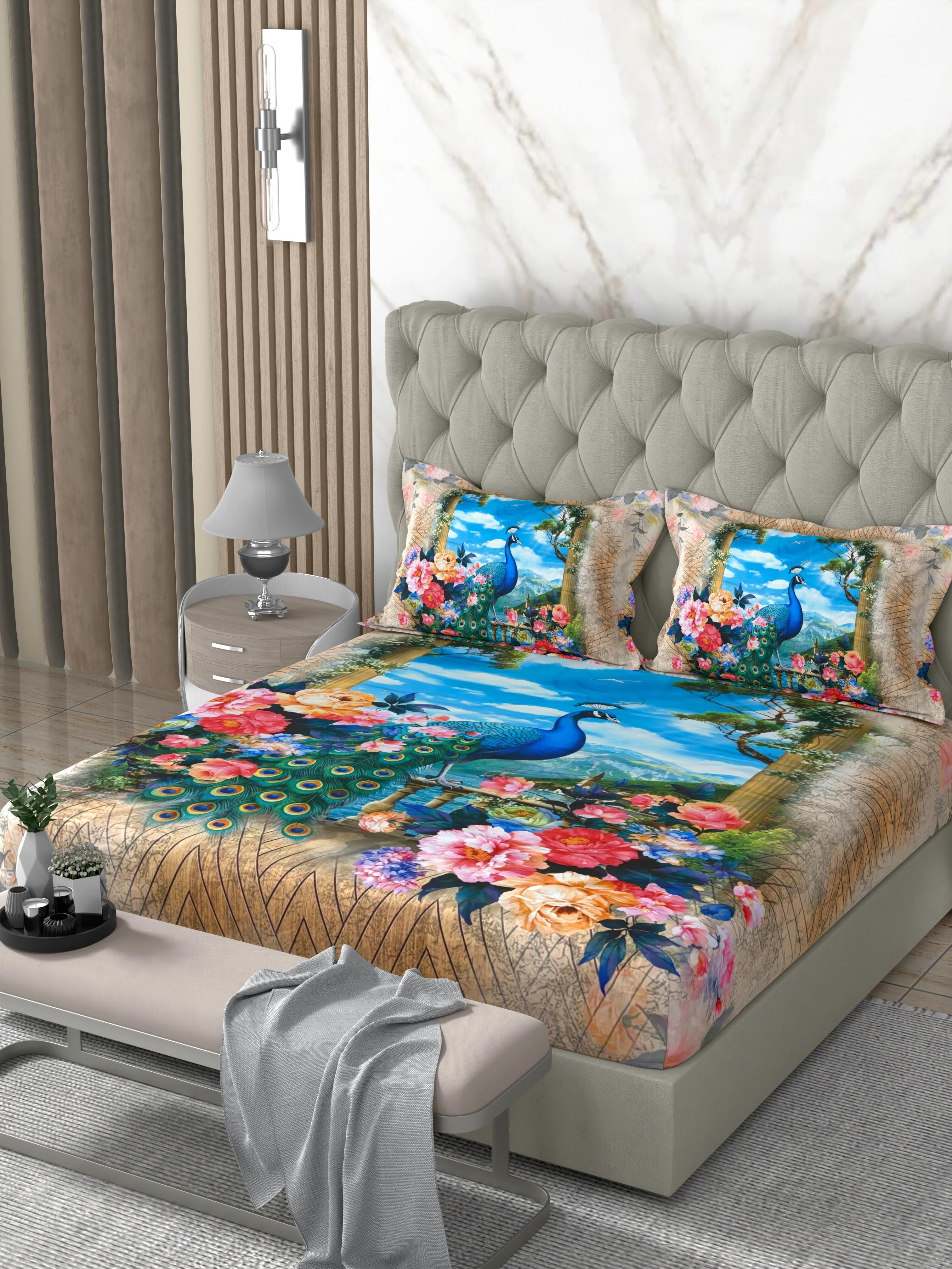 A-5078 - Poly Cotton 130 GSM Queen Size Digital Print Double Bedsheet (228X254) with Two Pillow Covers (43X69)