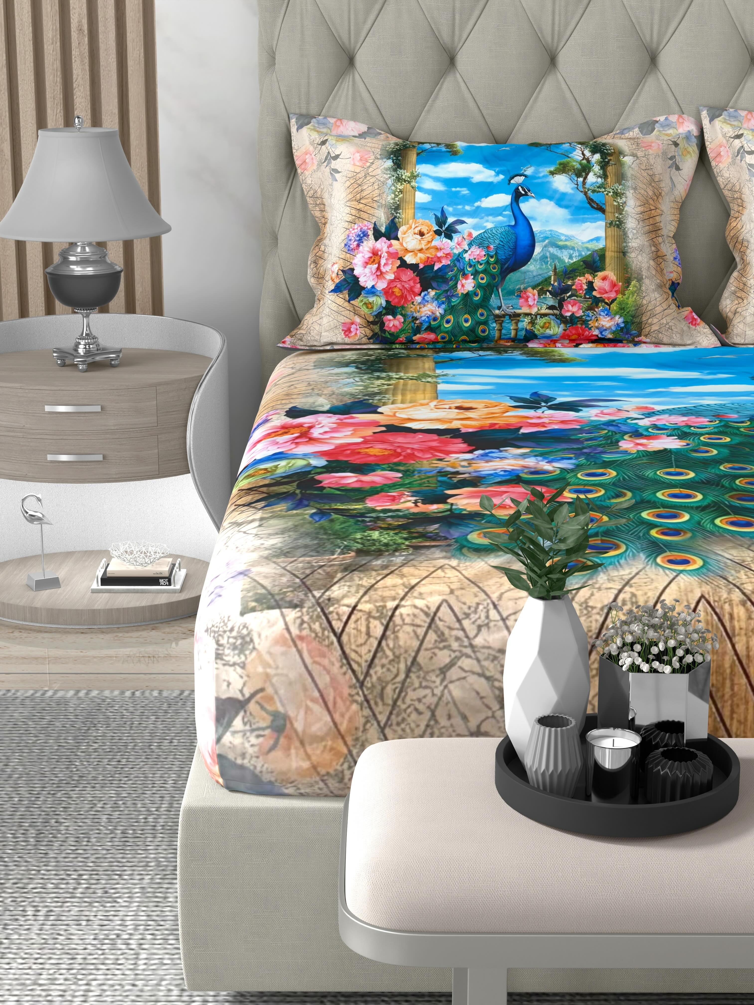 A-5078 - Poly Cotton 130 GSM Queen Size Digital Print Double Bedsheet (228X254) with Two Pillow Covers (43X69)