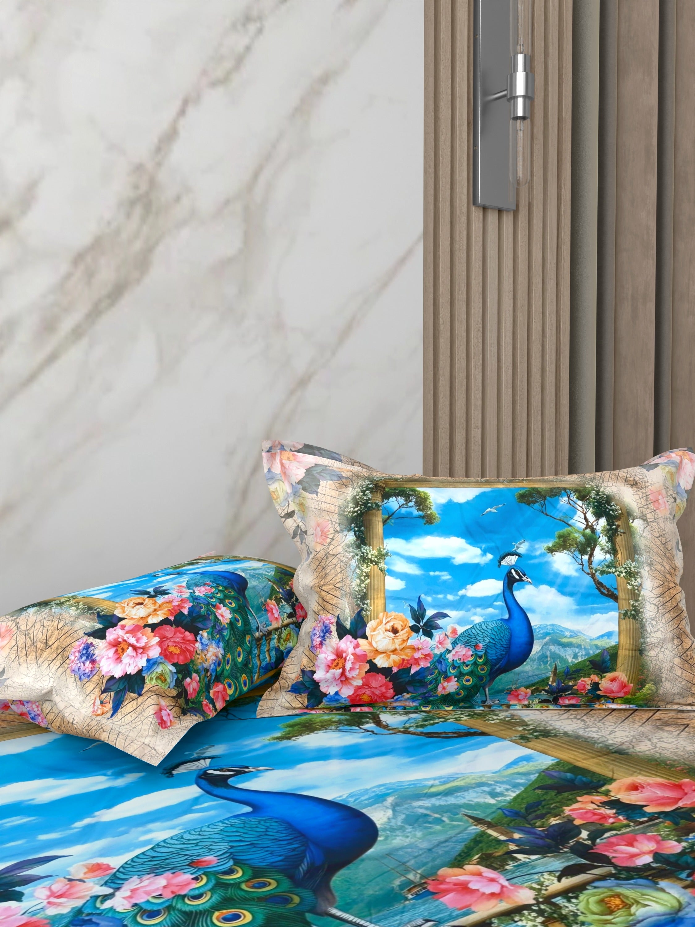 A-5078 - Poly Cotton 130 GSM Queen Size Digital Print Double Bedsheet (228X254) with Two Pillow Covers (43X69)