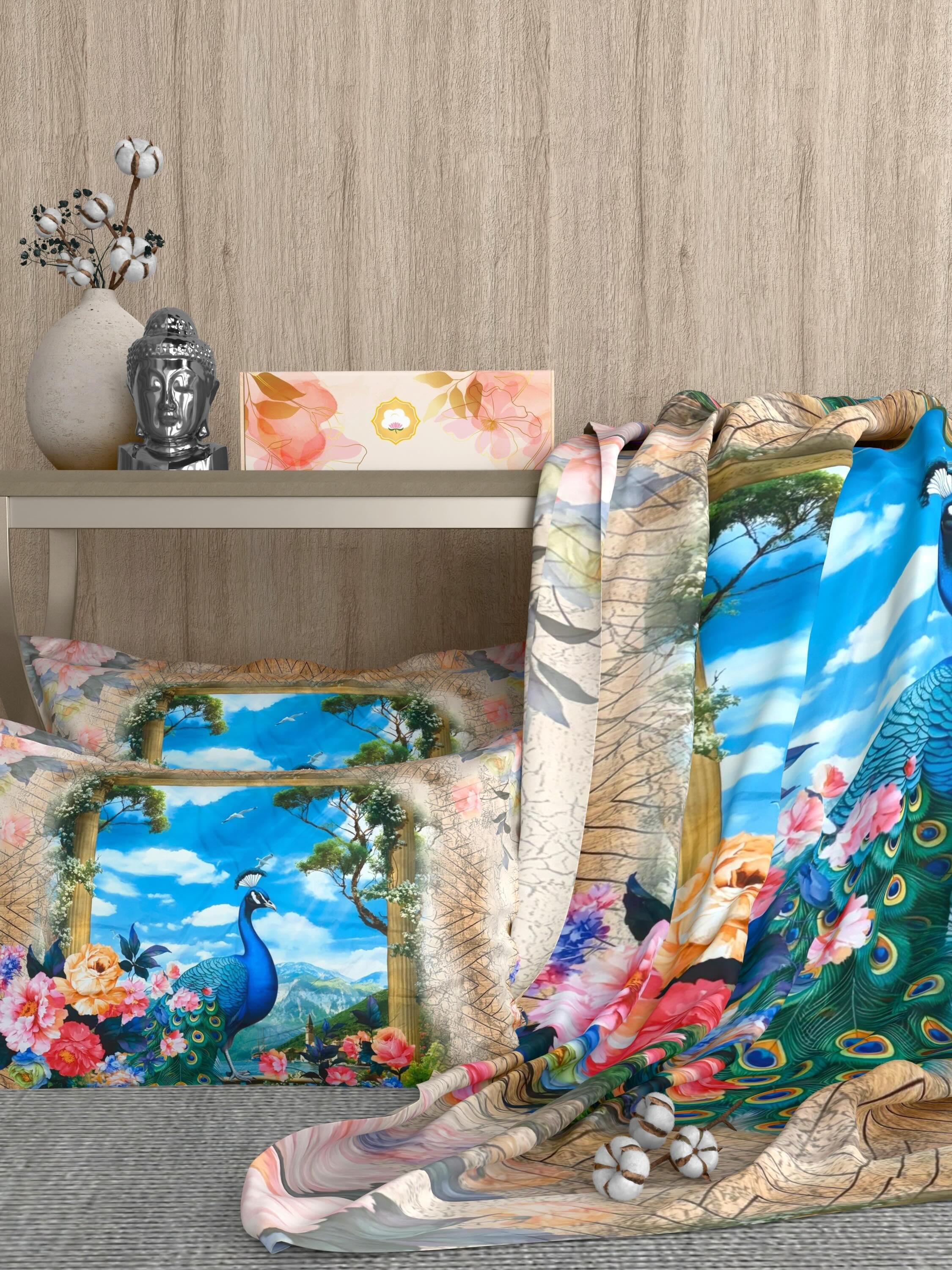 A-5078 - Poly Cotton 130 GSM Queen Size Digital Print Double Bedsheet (228X254) with Two Pillow Covers (43X69)