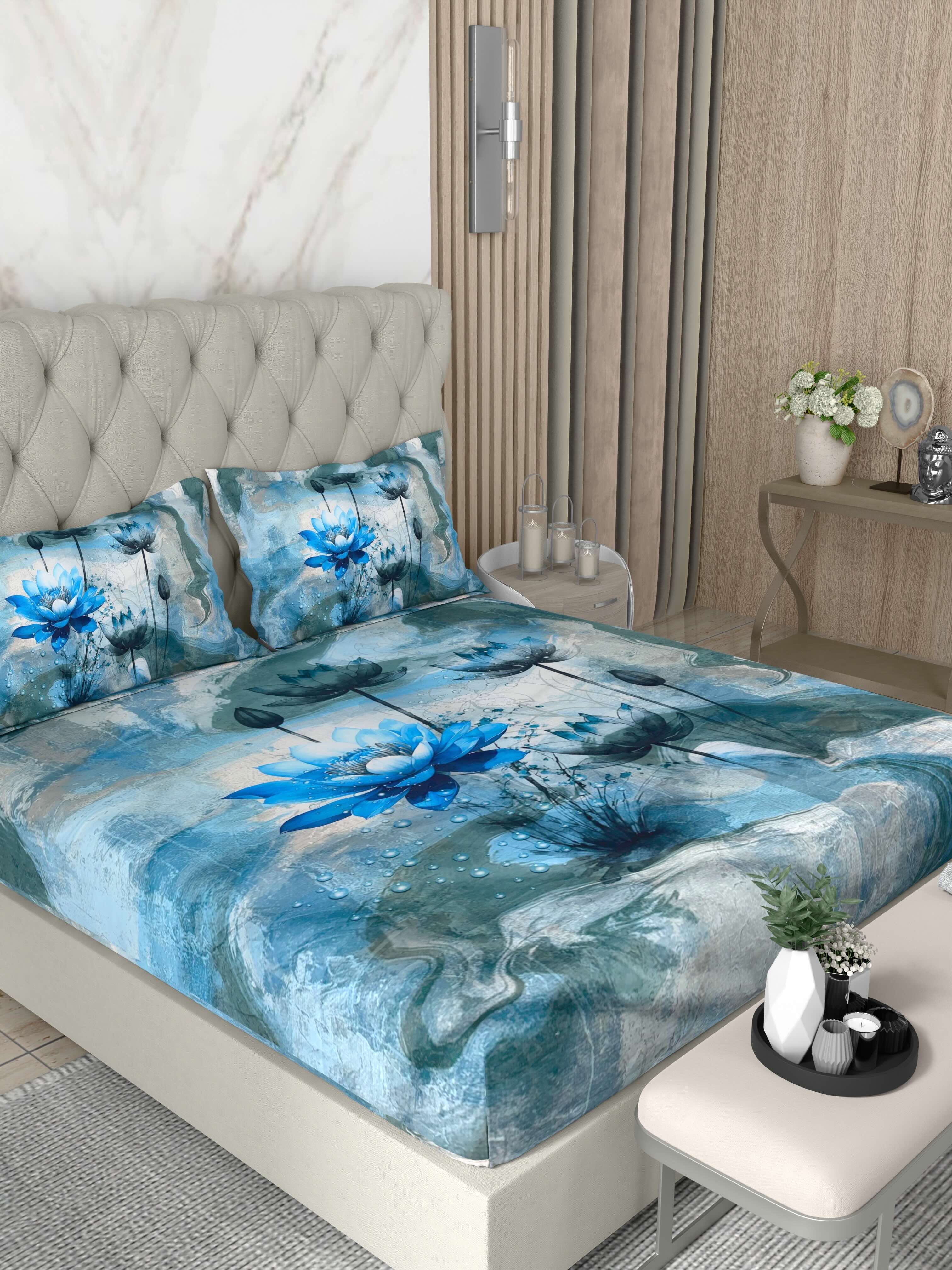 A-5079 - Poly Cotton 130 GSM Queen Size Digital Print Double Bedsheet (228X254) with Two Pillow Covers (43X69)