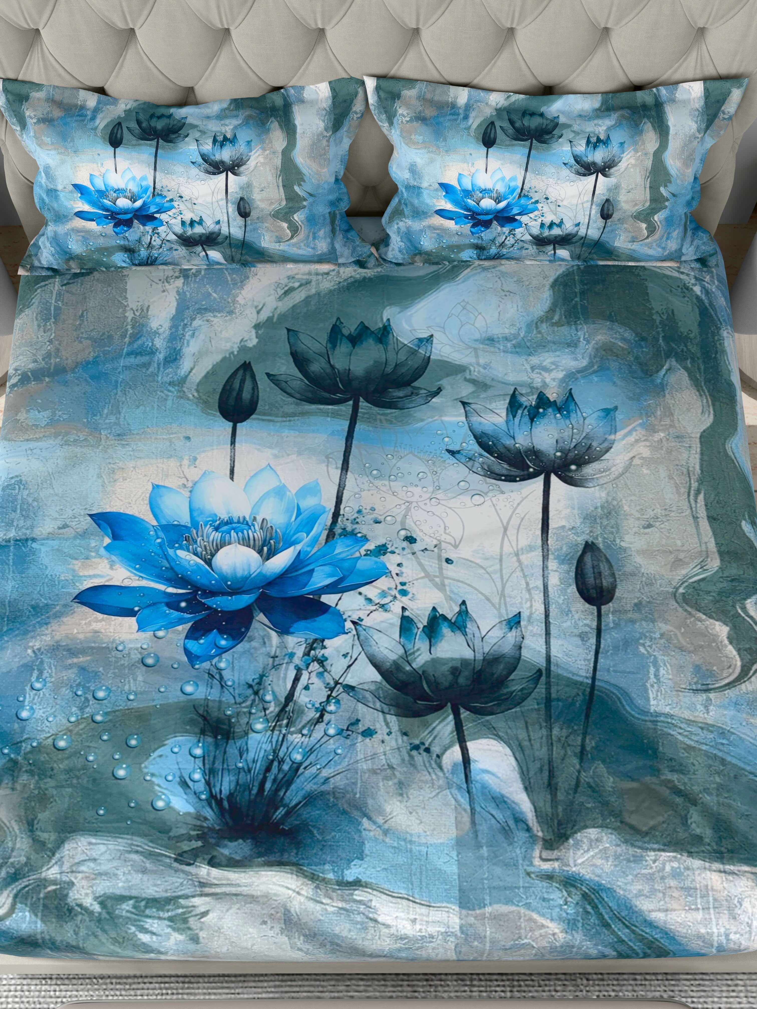 A-5079 - Poly Cotton 130 GSM Queen Size Digital Print Double Bedsheet (228X254) with Two Pillow Covers (43X69)