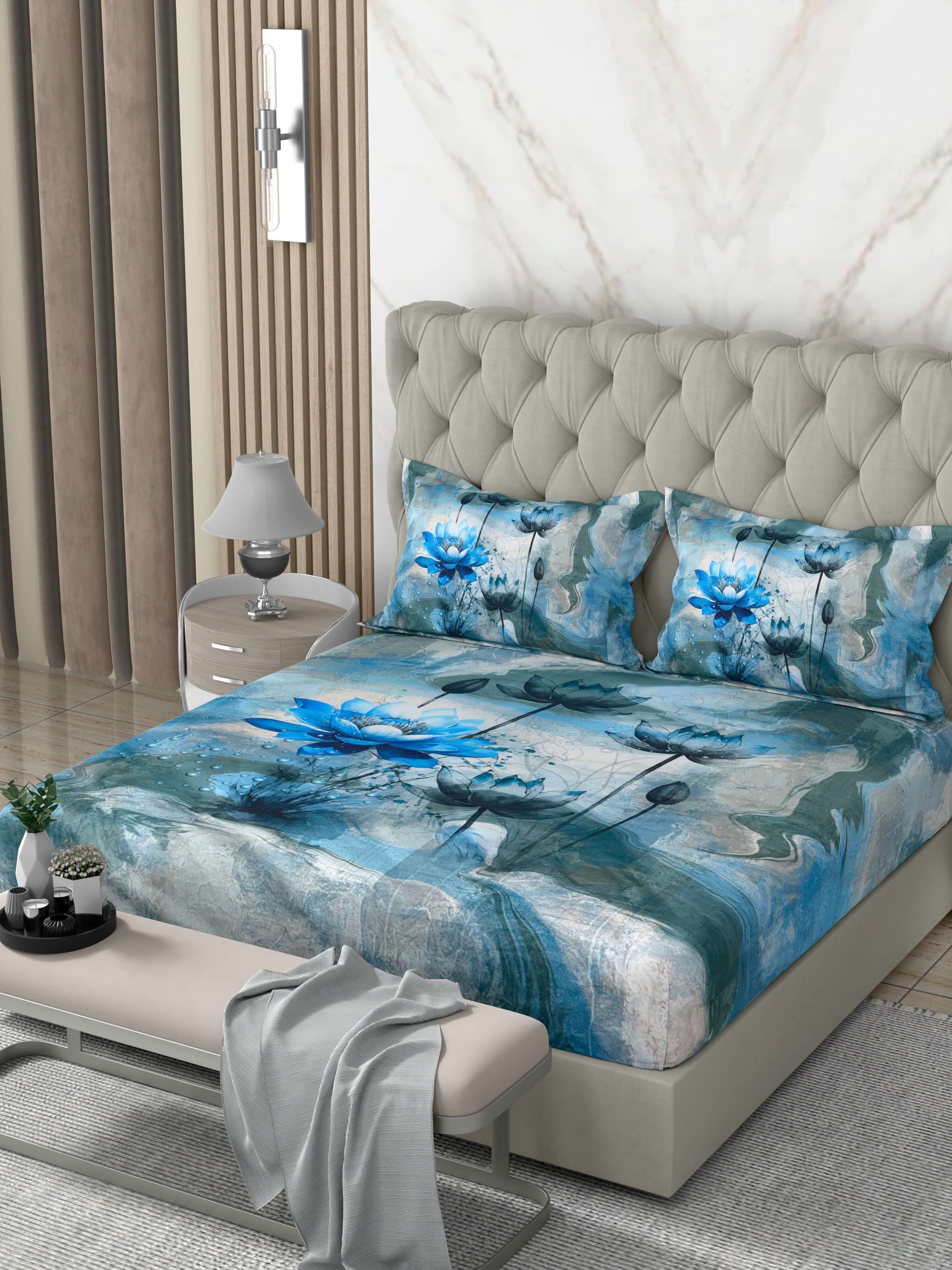 A-5079 - Poly Cotton 130 GSM Queen Size Digital Print Double Bedsheet (228X254) with Two Pillow Covers (43X69)