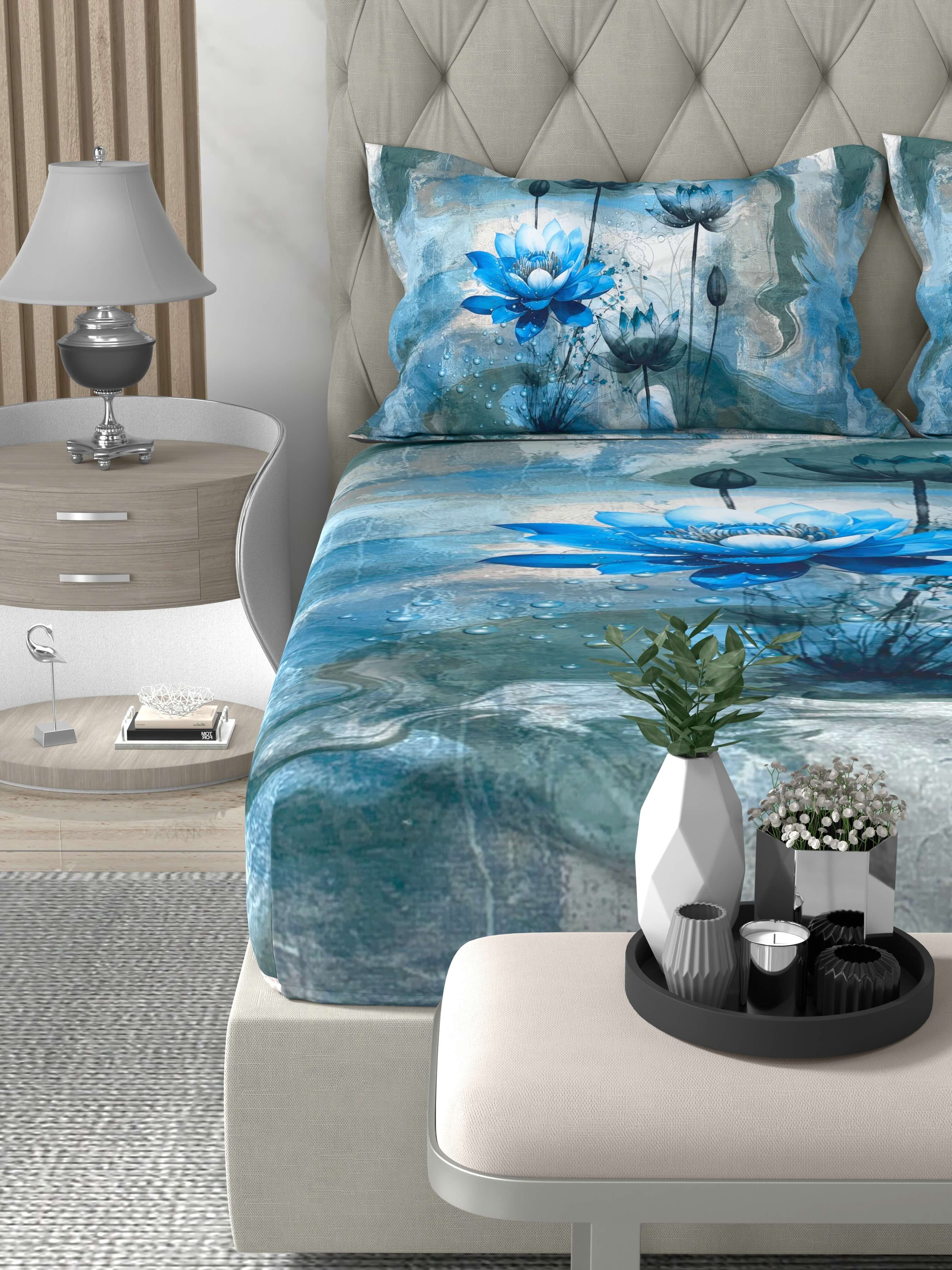 A-5079 - Poly Cotton 130 GSM Queen Size Digital Print Double Bedsheet (228X254) with Two Pillow Covers (43X69)