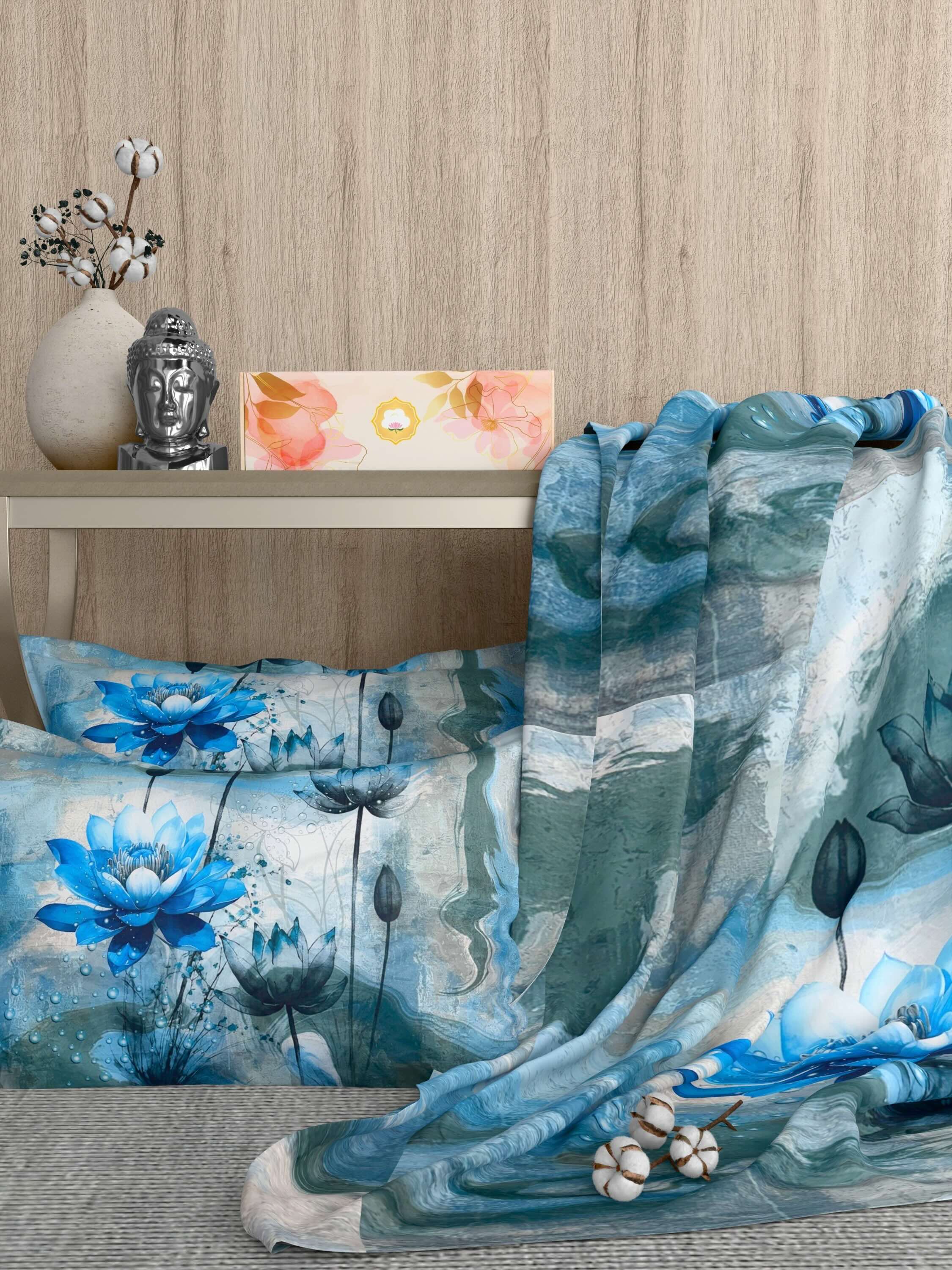 A-5079 - Poly Cotton 130 GSM Queen Size Digital Print Double Bedsheet (228X254) with Two Pillow Covers (43X69)