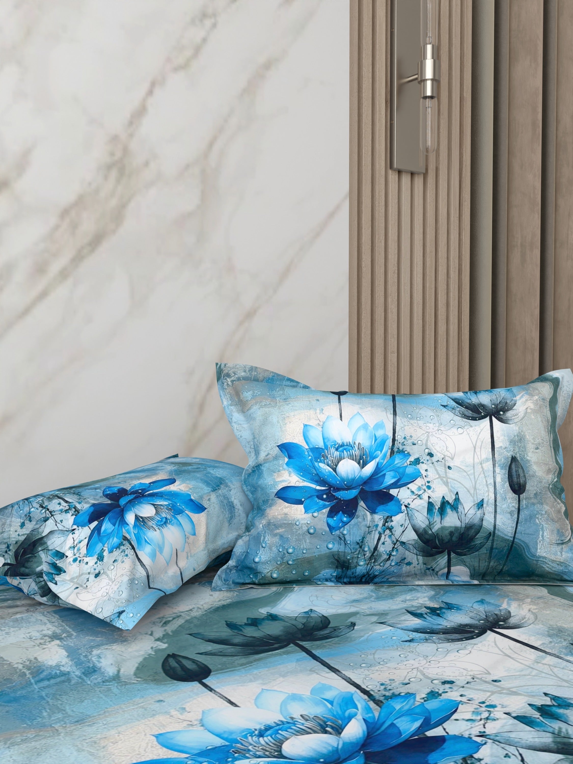 A-5079 - Poly Cotton 130 GSM Queen Size Digital Print Double Bedsheet (228X254) with Two Pillow Covers (43X69)